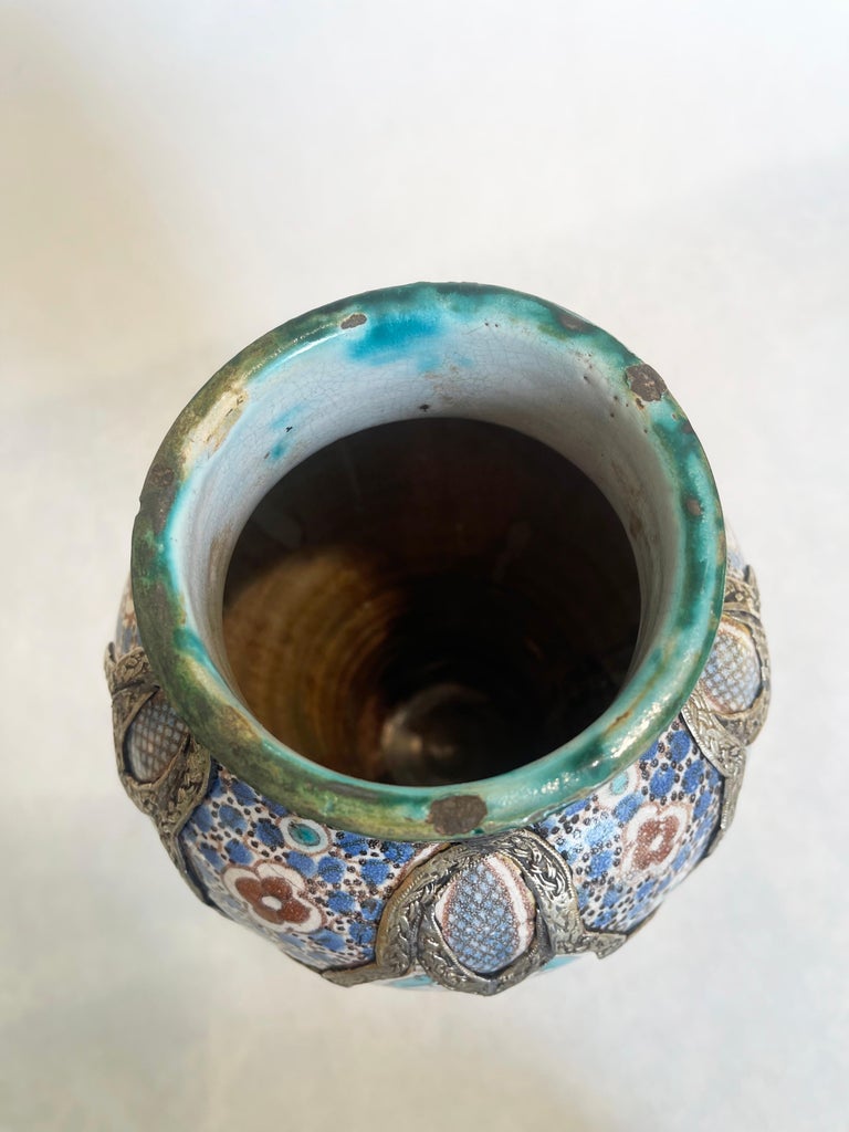 Antique Moroccan Fez Majolica Ceramic Vase, Silver Metal Filigree
