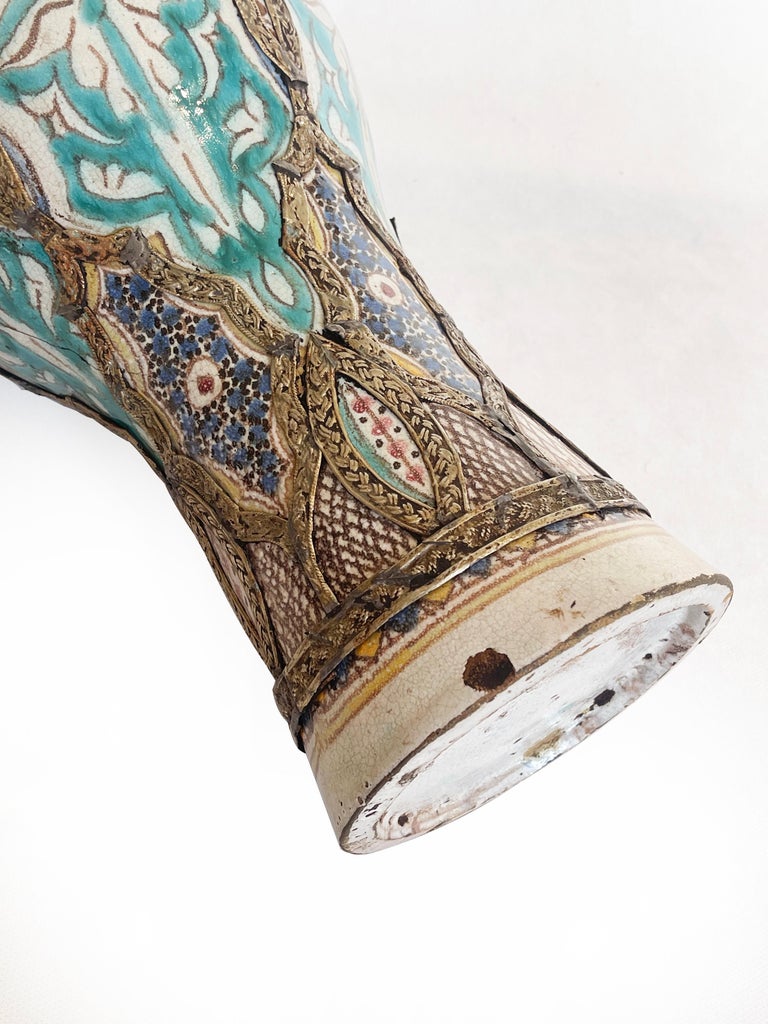 Antique Moroccan Fez Majolica Ceramic Vase, Silver Metal Filigree