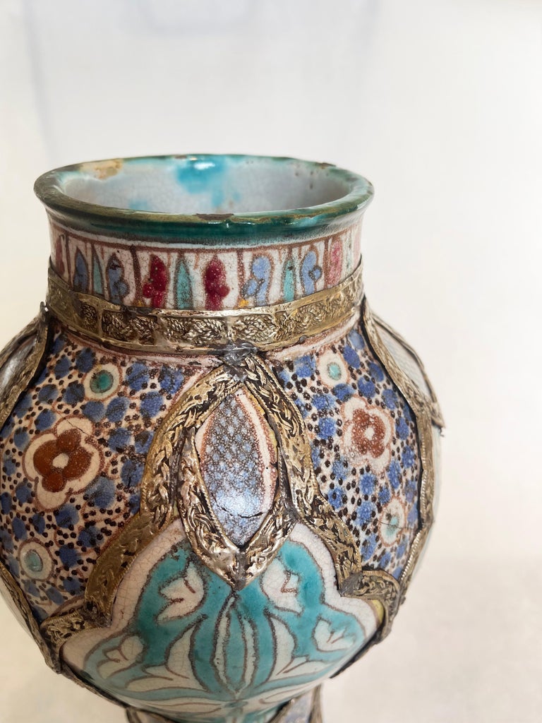 Antique Moroccan Fez Majolica Ceramic Vase, Silver Metal Filigree