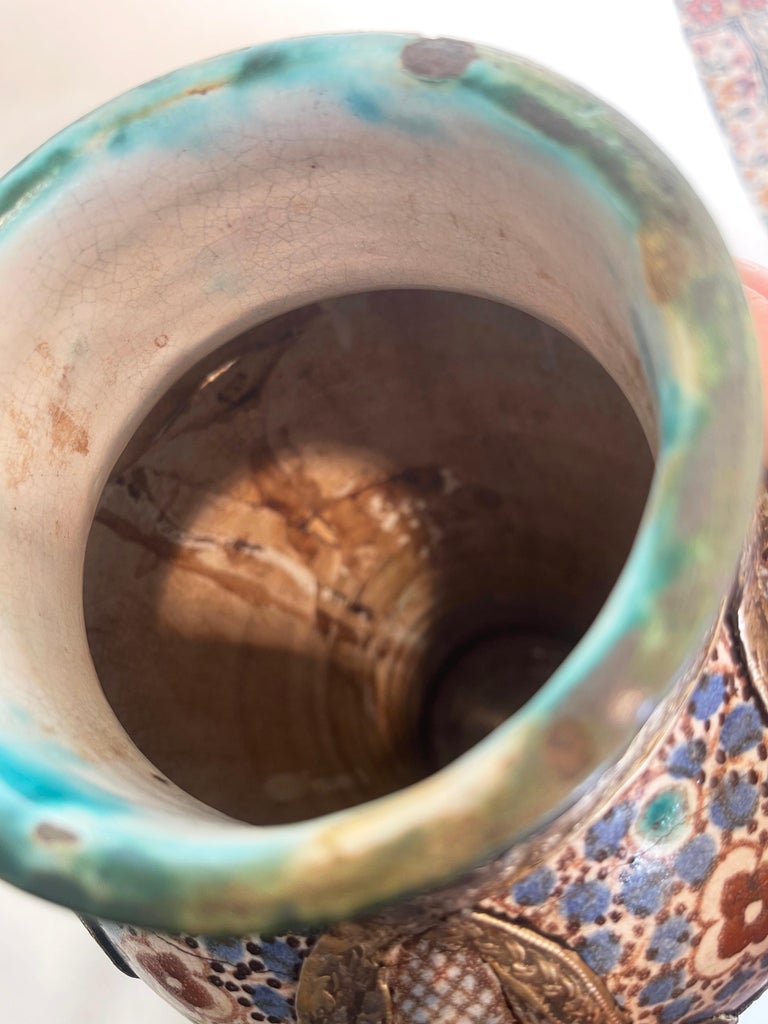Antique Moroccan Fez Majolica Ceramic Vase, Silver Metal Filigree