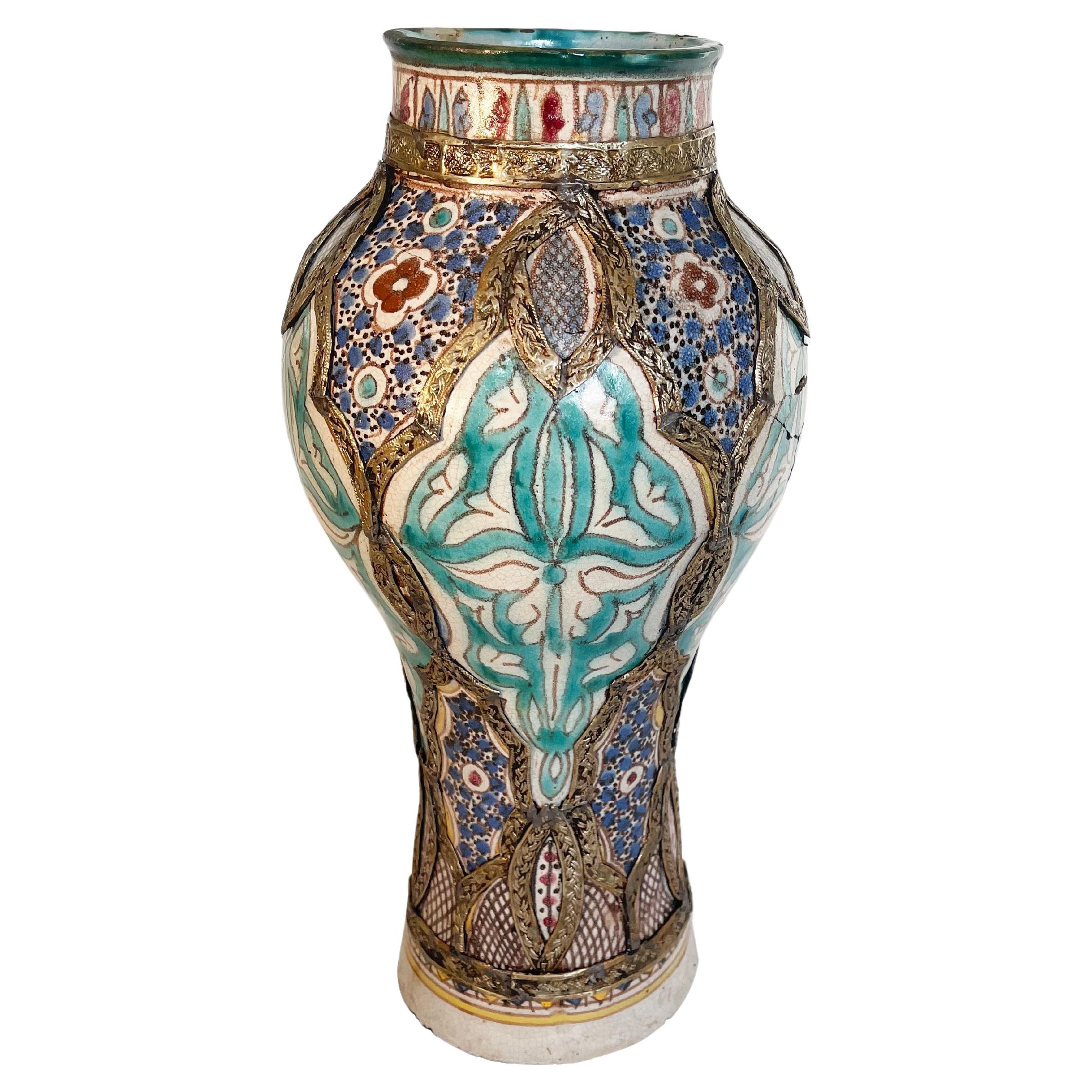 Islamic Antique Moroccan Fez Majolica Ceramic Vase, Silver Metal Filigree, 1930s For Sale