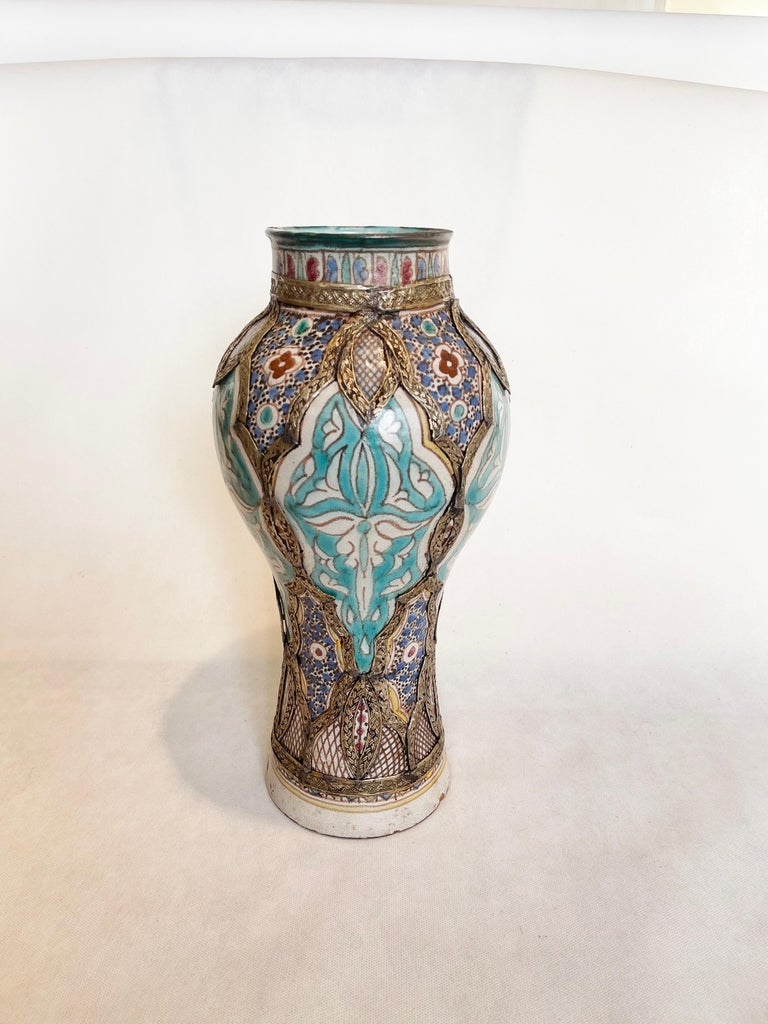 Antique Moroccan Fez Majolica Ceramic Vase, Silver Metal Filigree