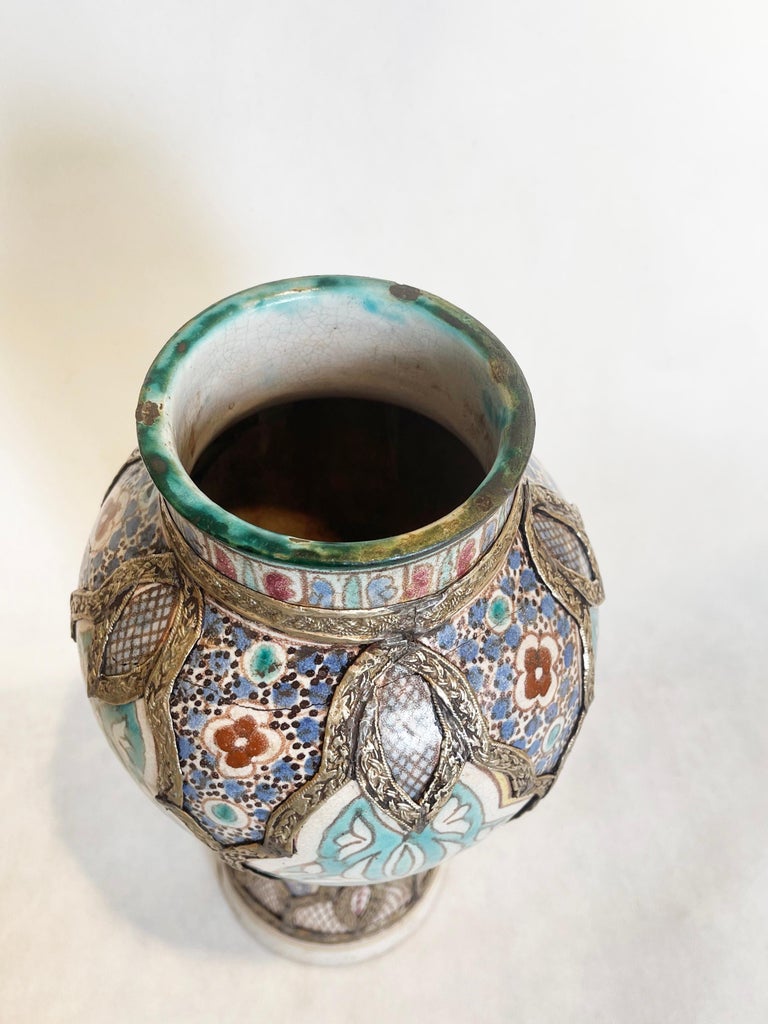 Antique Moroccan Fez Majolica Ceramic Vase, Silver Metal Filigree
