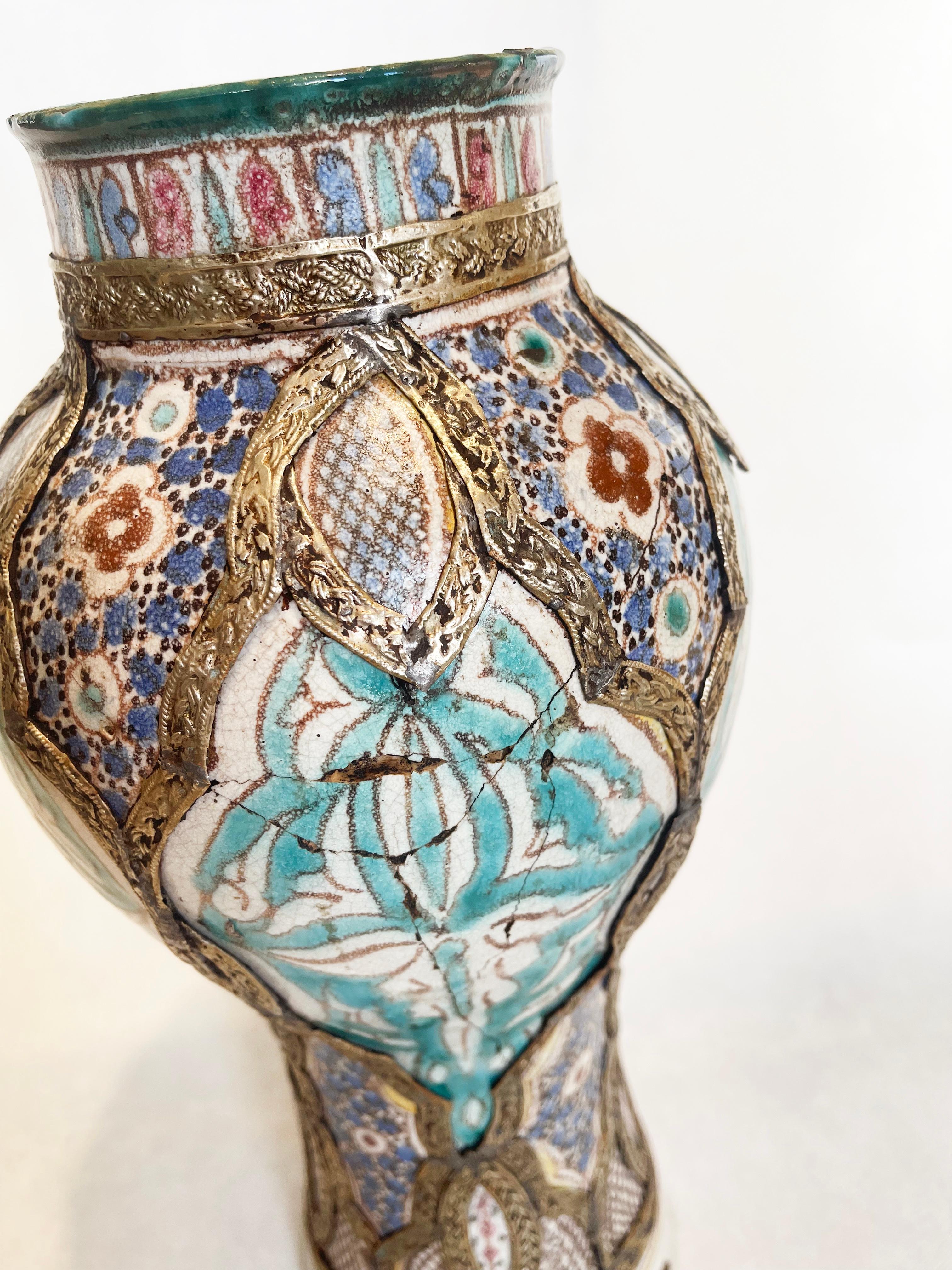 20th Century Antique Moroccan Fez Majolica Ceramic Vase, Silver Metal Filigree, 1930s For Sale