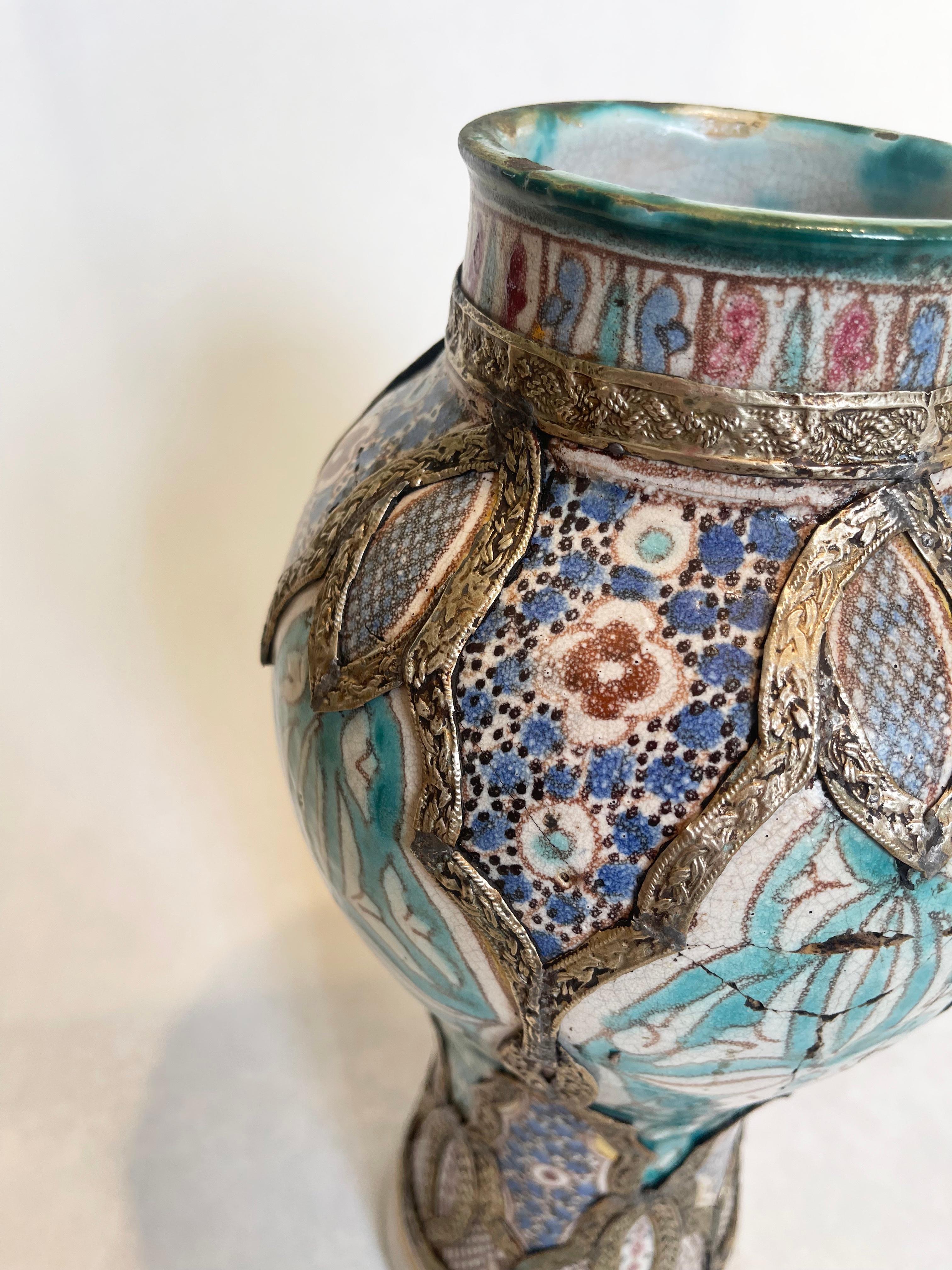Nickel Antique Moroccan Fez Majolica Ceramic Vase, Silver Metal Filigree, 1930s For Sale