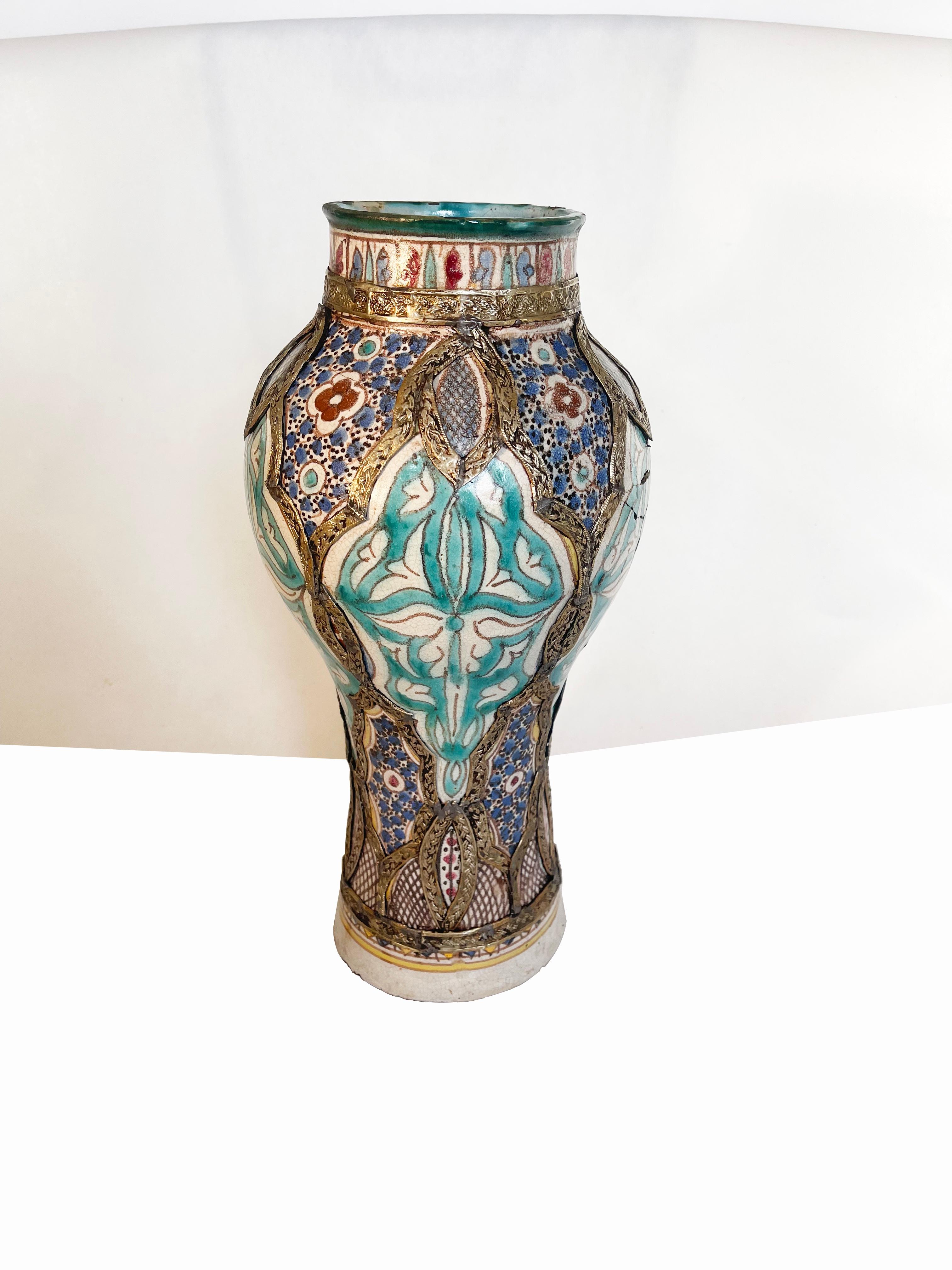 Antique Moroccan Fez Majolica Ceramic Vase, Silver Metal Filigree, 1930s For Sale 2