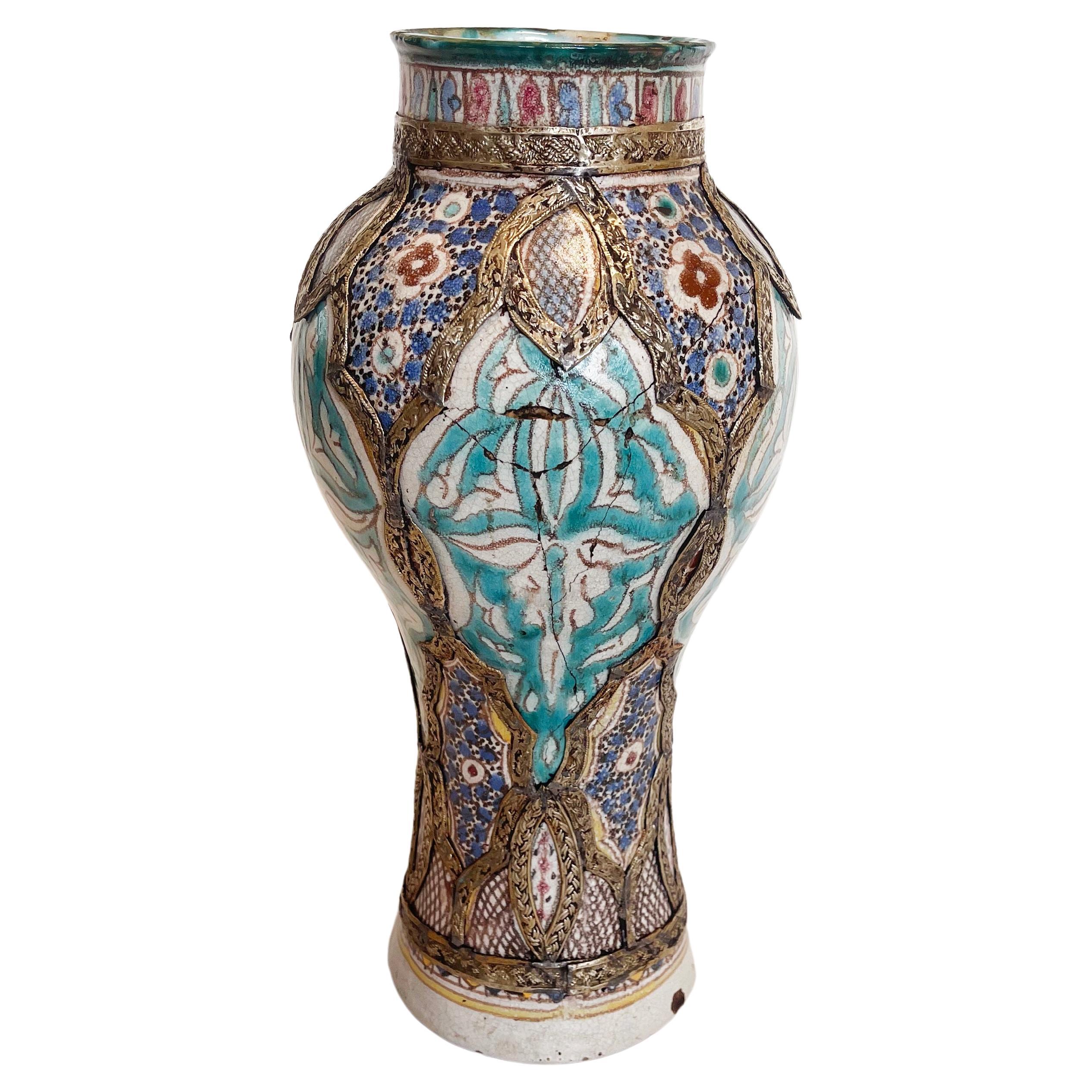 Antique Moroccan Fez Majolica Ceramic Vase, Silver Metal Filigree, 1930s For Sale