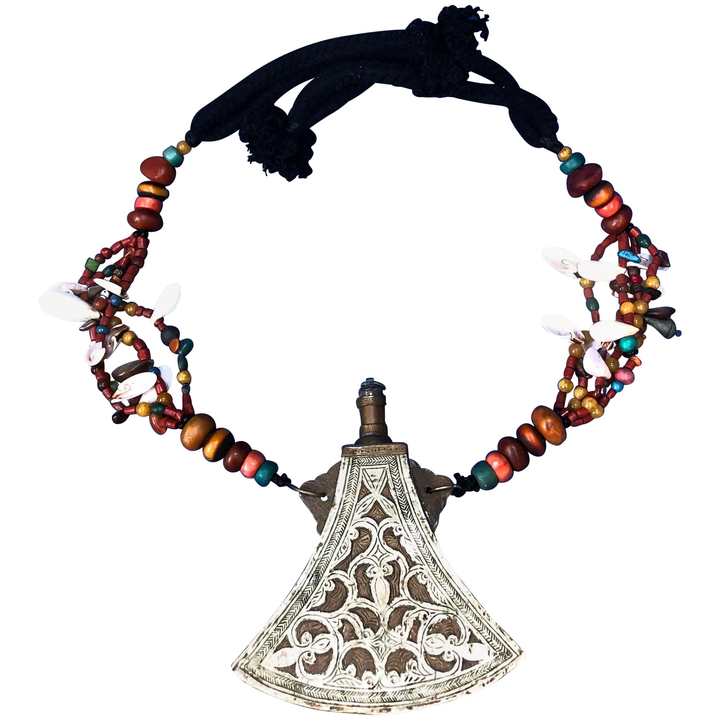 Antique Moroccan Flask - Etched Silver, Copper, Brass with Gemstone Necklace For Sale