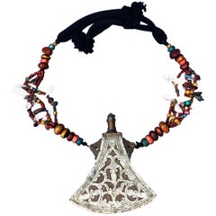 Antique Moroccan Flask - Etched Silver, Copper, Brass with Gemstone Necklace