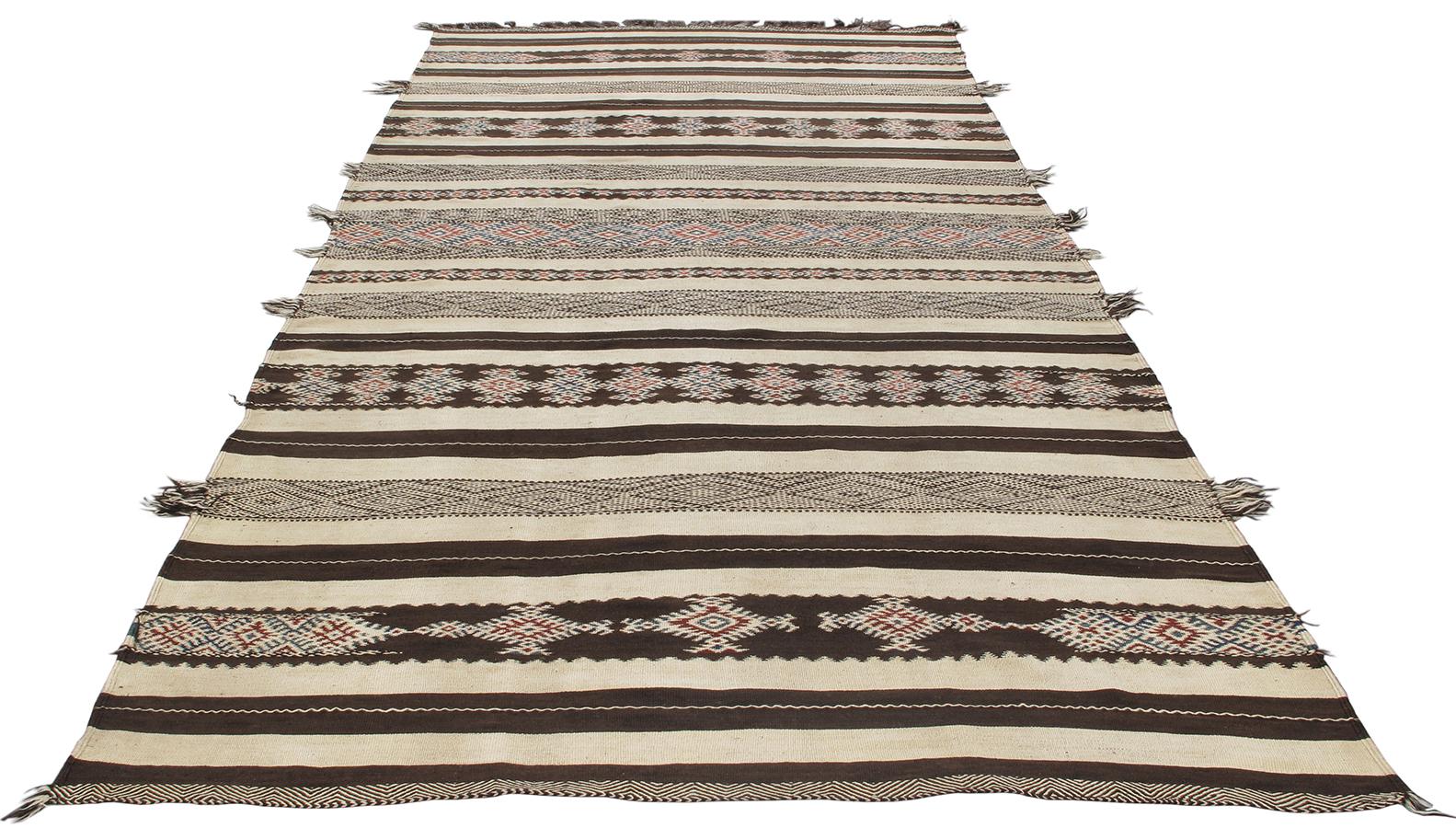 Tribal Antique Moroccan Flat-Weave Runner Rug in Beige and Brown with Red Detail