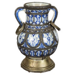 Antique Moroccan Footed Vase, Blue & White Ceramic, 20th Century