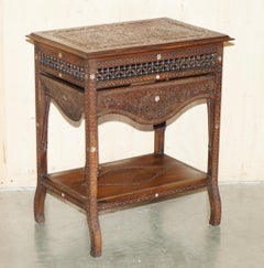 ANTIQUE MOROCCAN HAND CARVED LIBERTY's LONDON MOTHER OF PEARL SILVER TEA TABLE