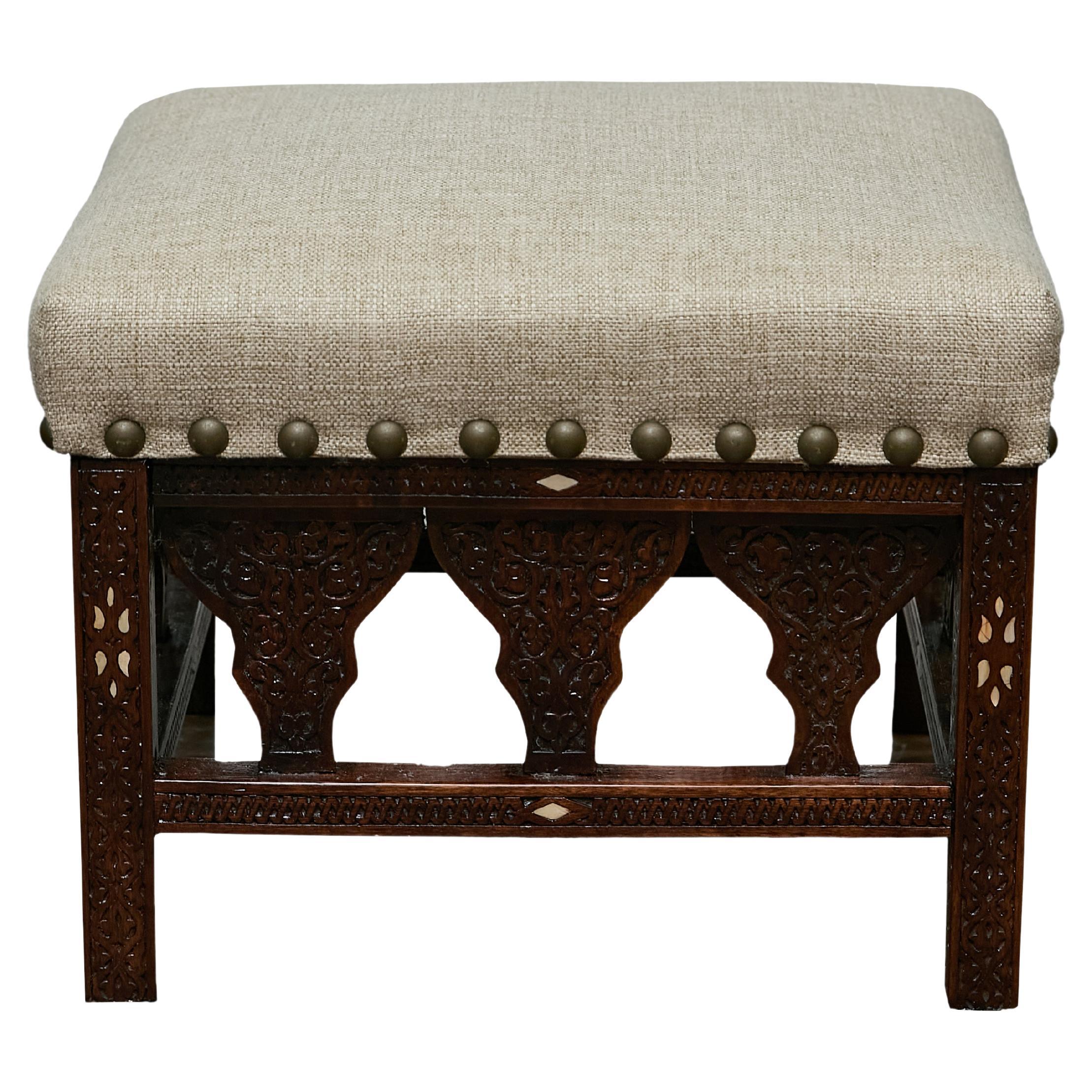 Antique Moroccan Hand-Carved Stool with Custom Linen Upholstery, Circa 1900