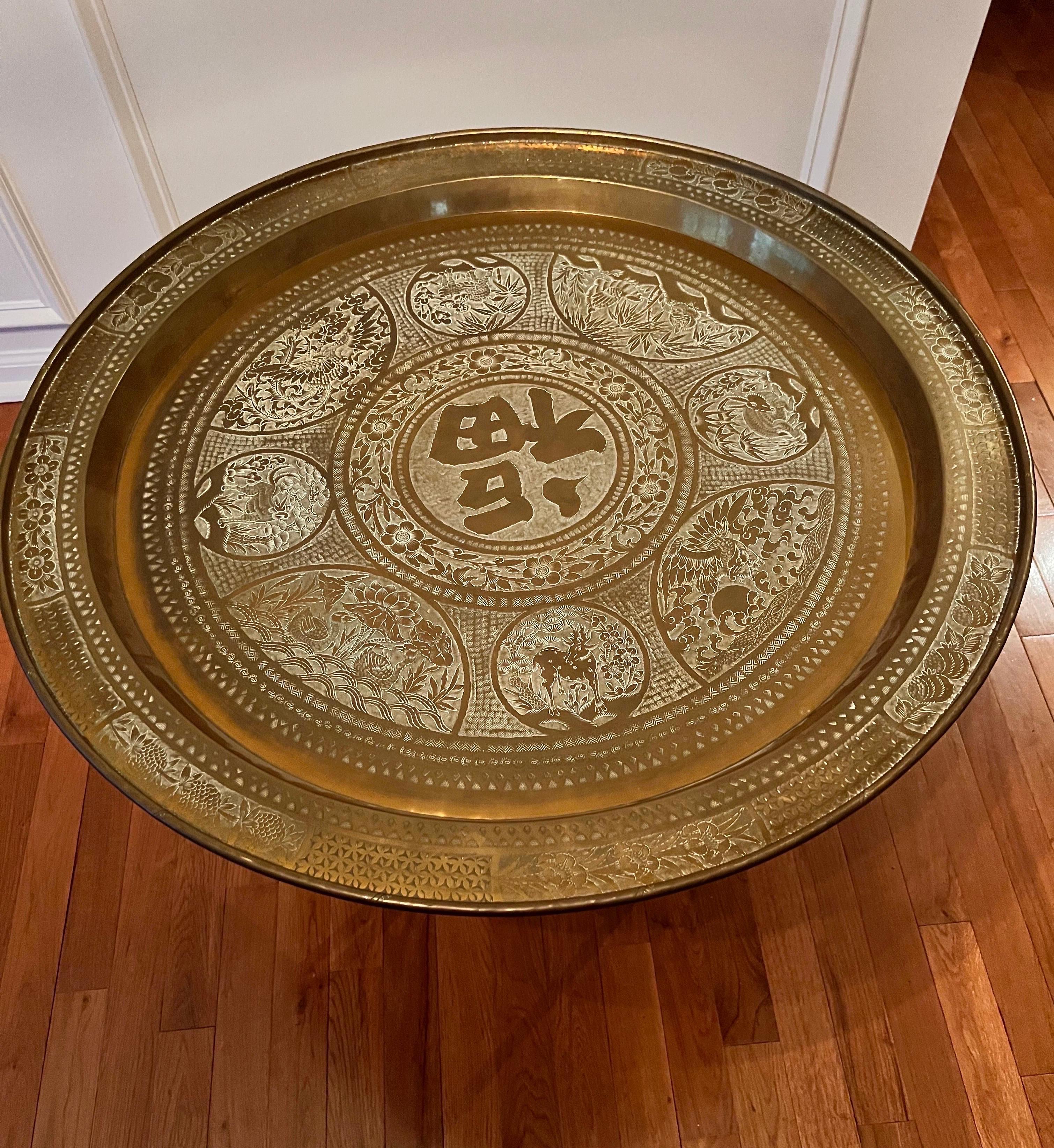 Embossed Antique Moroccan Handcrafted Brass Tray Table with Folding Base For Sale