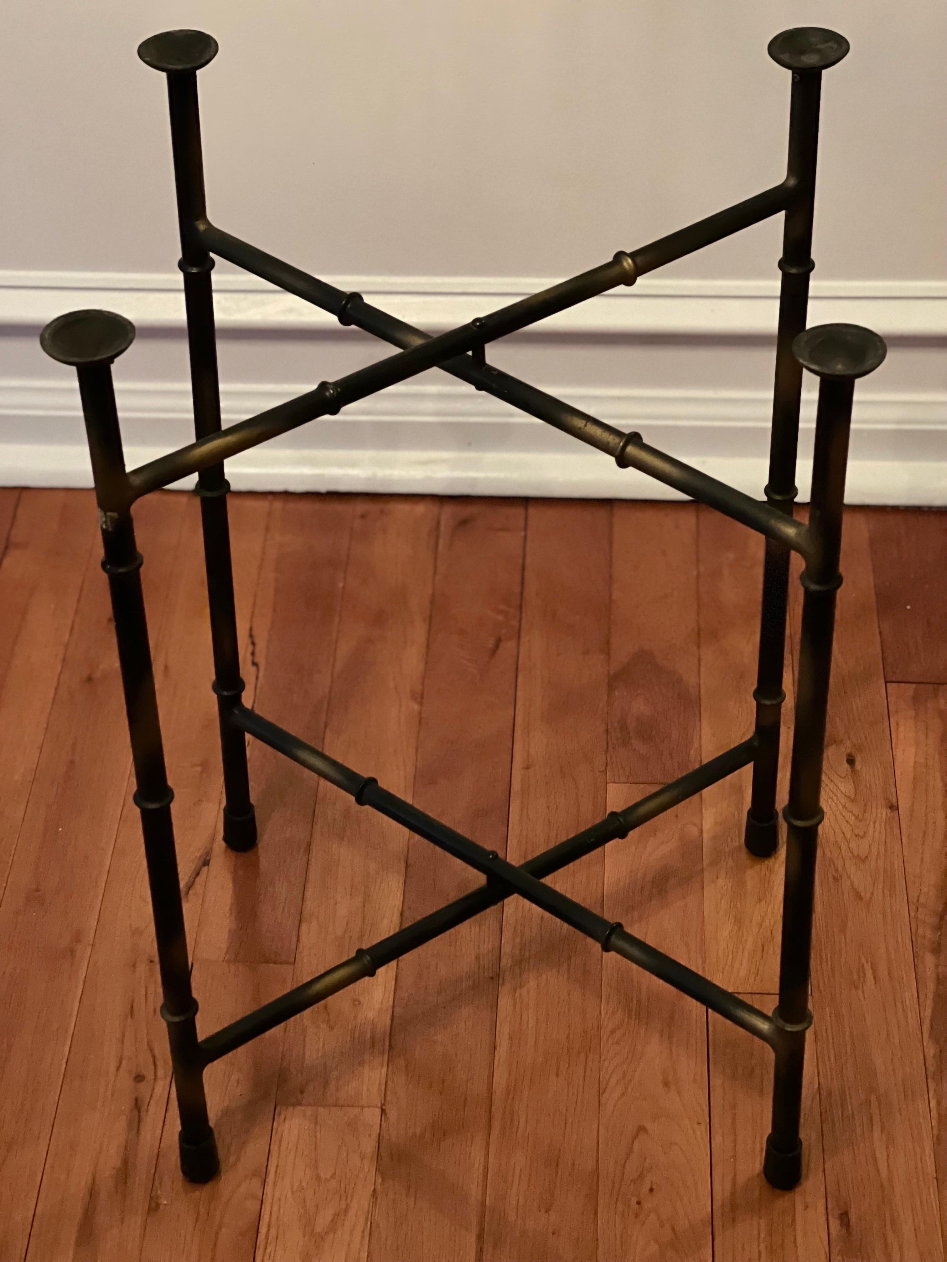Antique Moroccan Handcrafted Brass Tray Table with Folding Base In Good Condition For Sale In Doylestown, PA