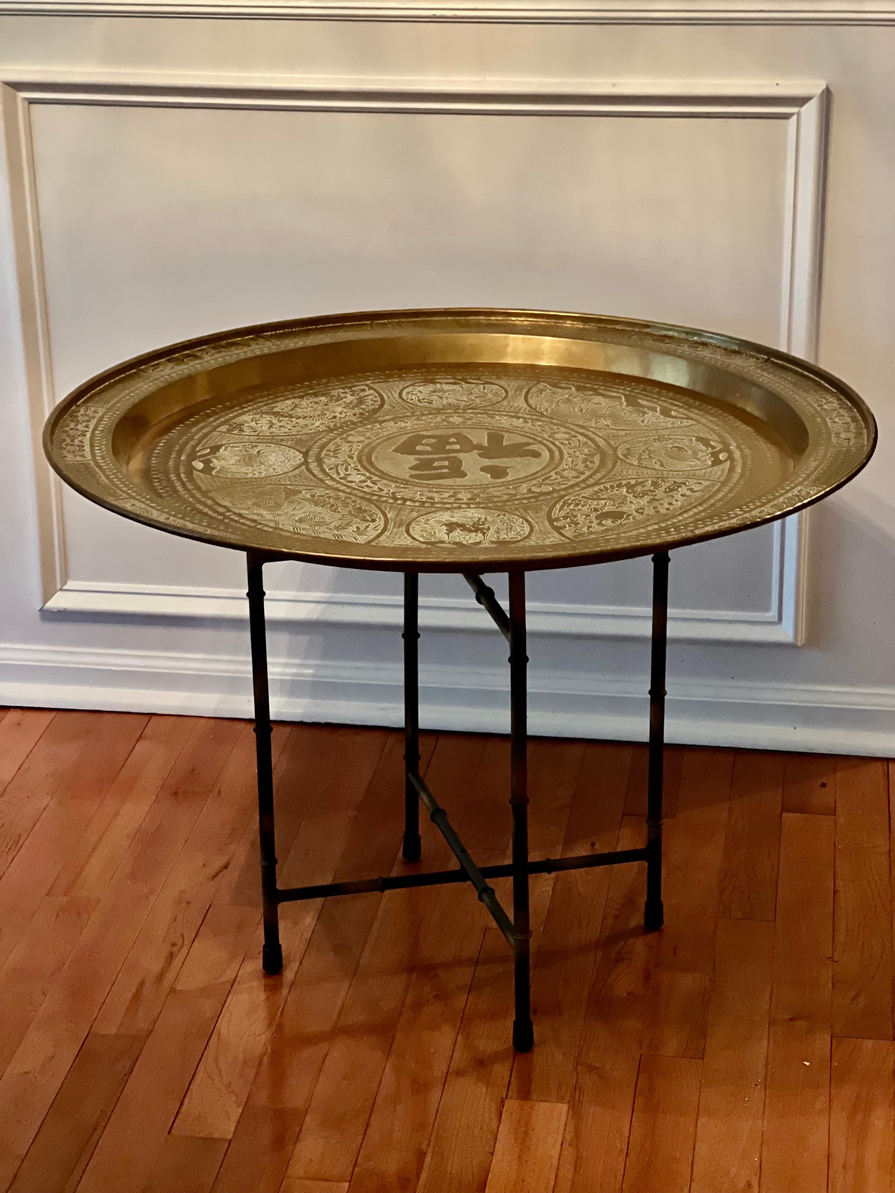Metal Antique Moroccan Handcrafted Brass Tray Table with Folding Base For Sale
