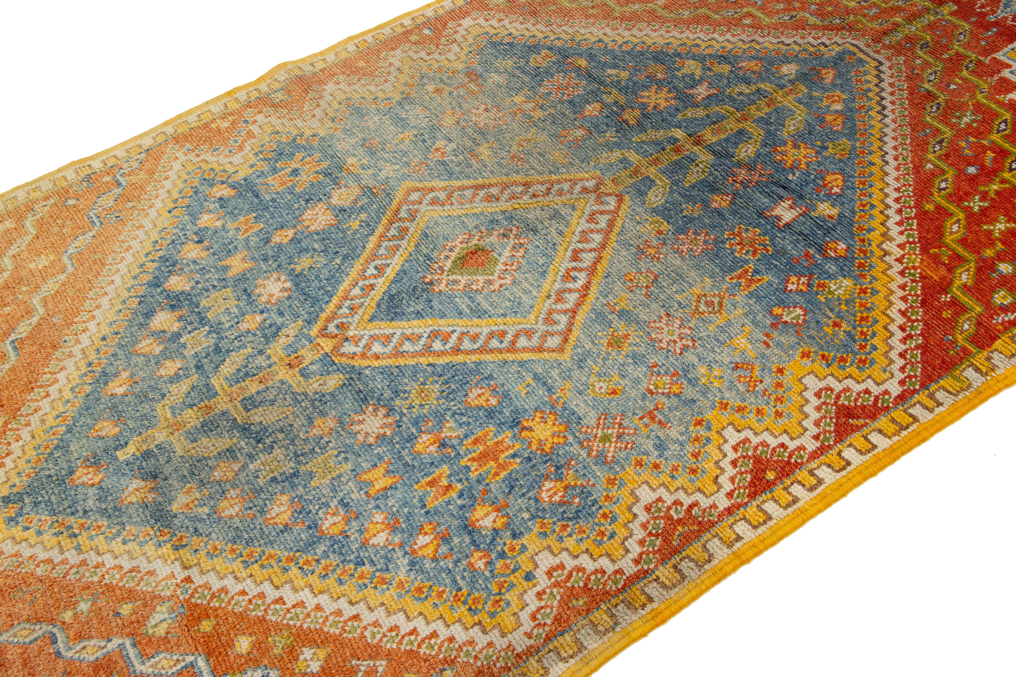 Bohemian Antique Moroccan Handmade Orange Geometrical Wool Rug For Sale