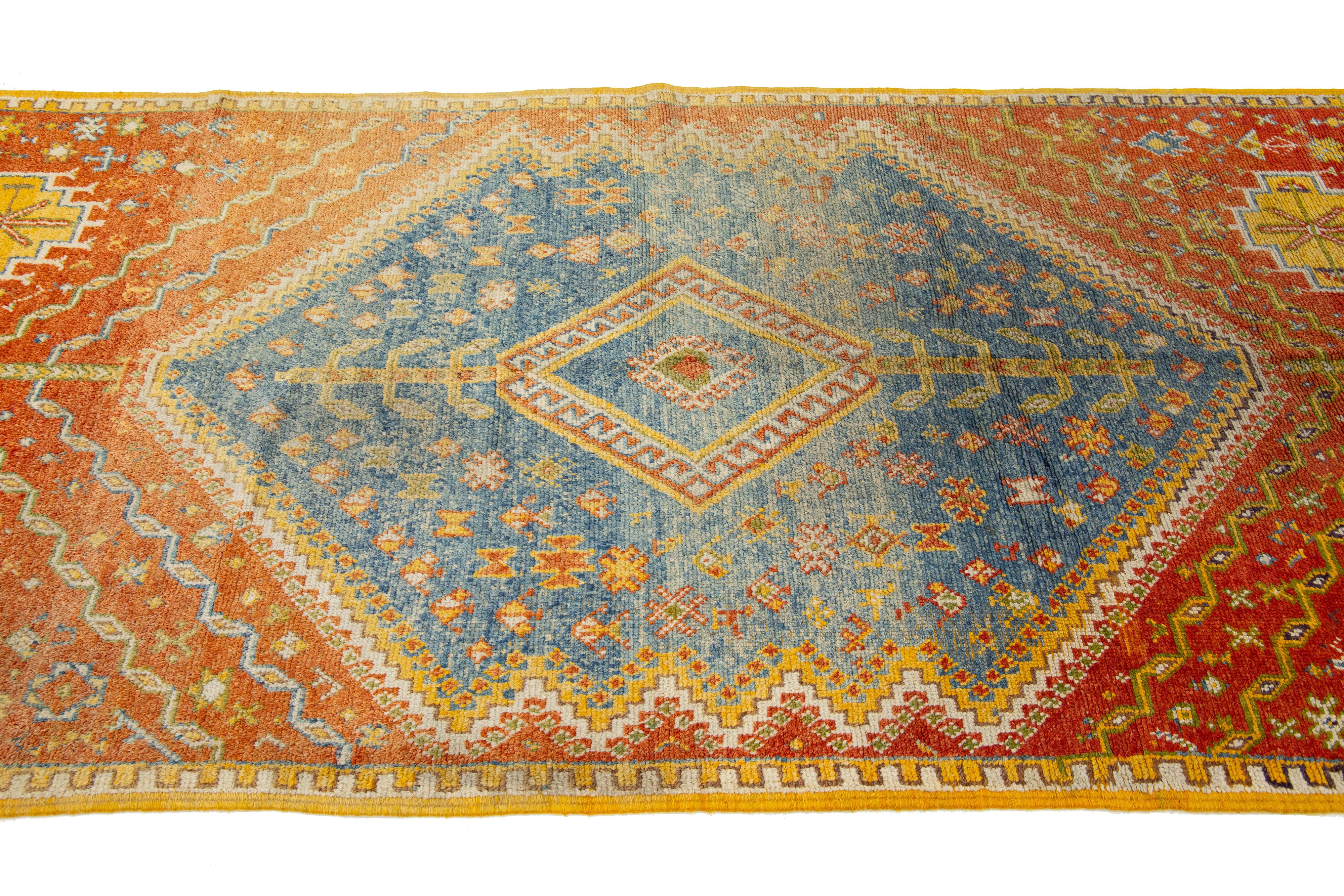Hand-Knotted Antique Moroccan Handmade Orange Geometrical Wool Rug For Sale