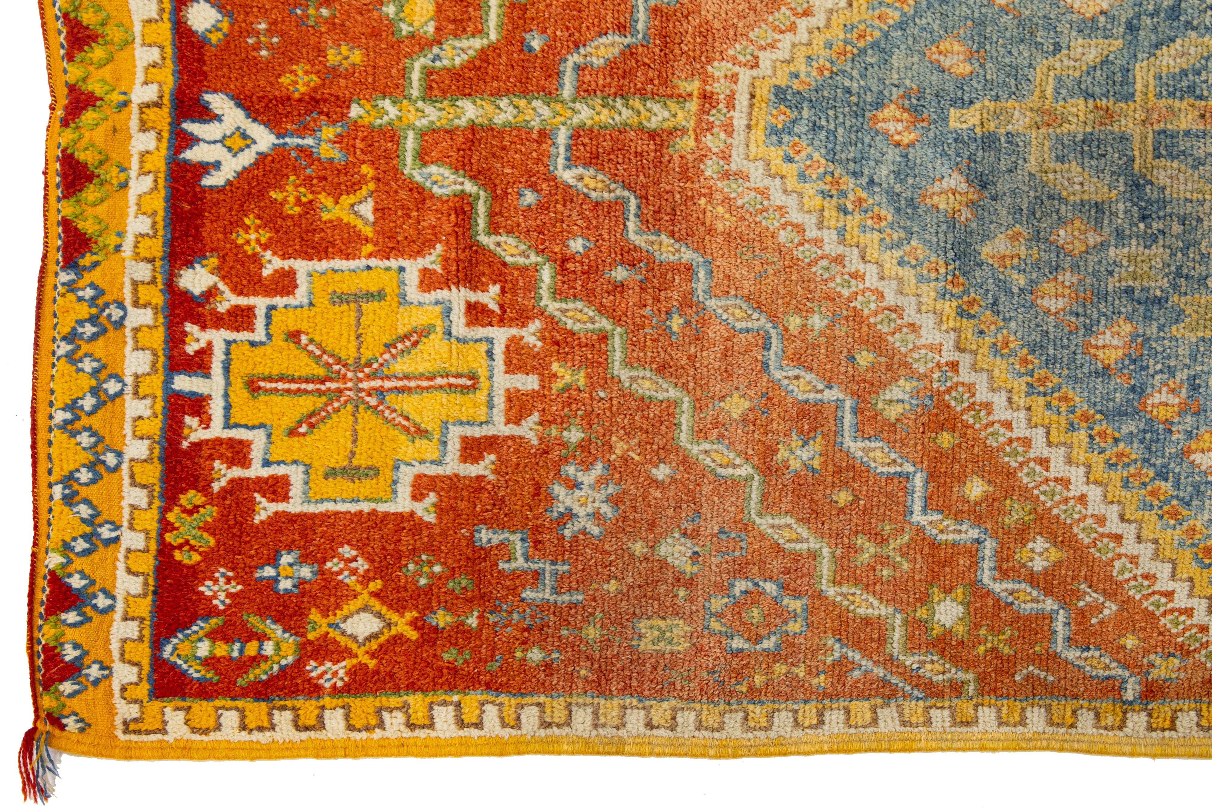 Antique Moroccan Handmade Orange Geometrical Wool Rug In Good Condition For Sale In Norwalk, CT