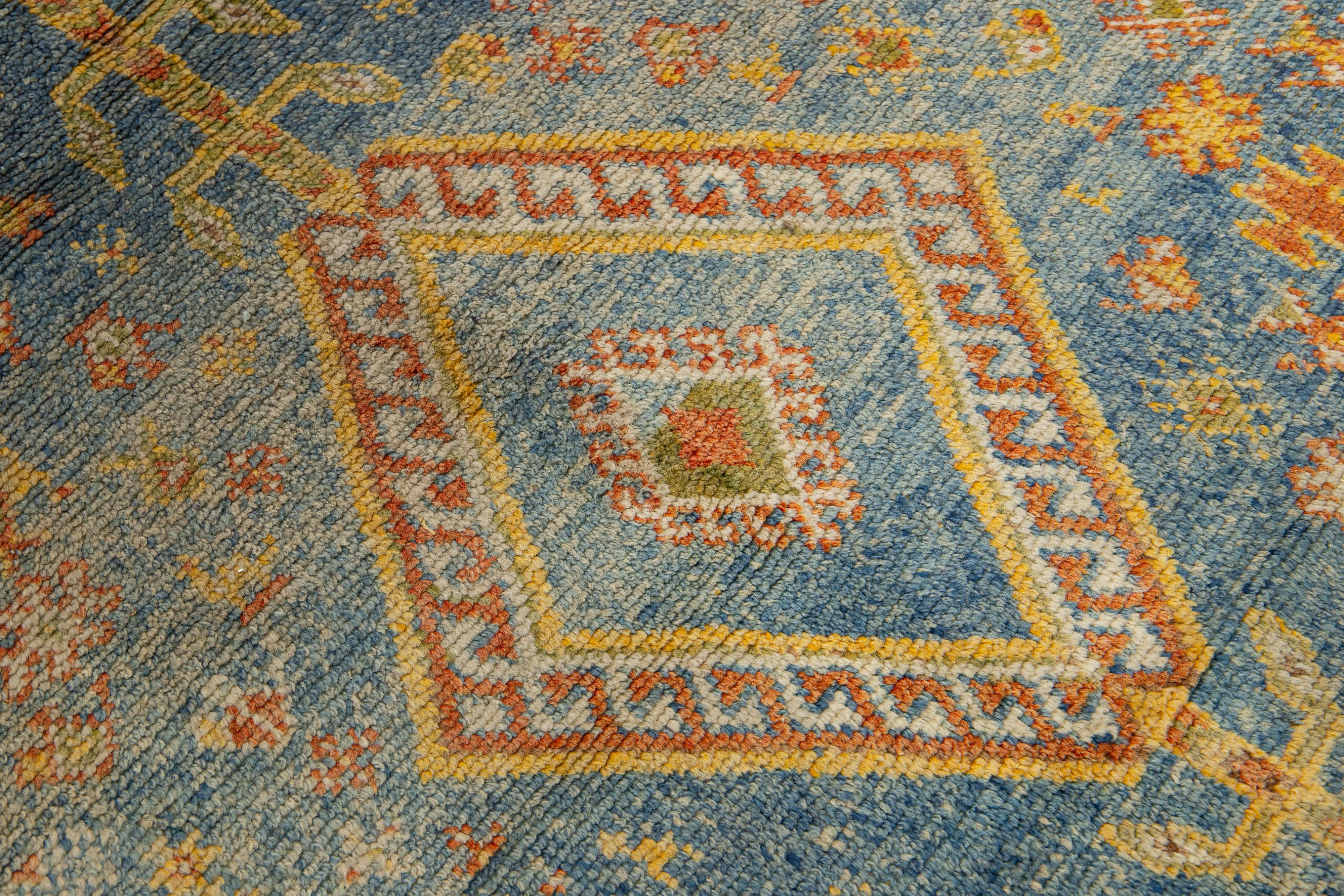 Antique Moroccan Handmade Orange Geometrical Wool Rug For Sale 1