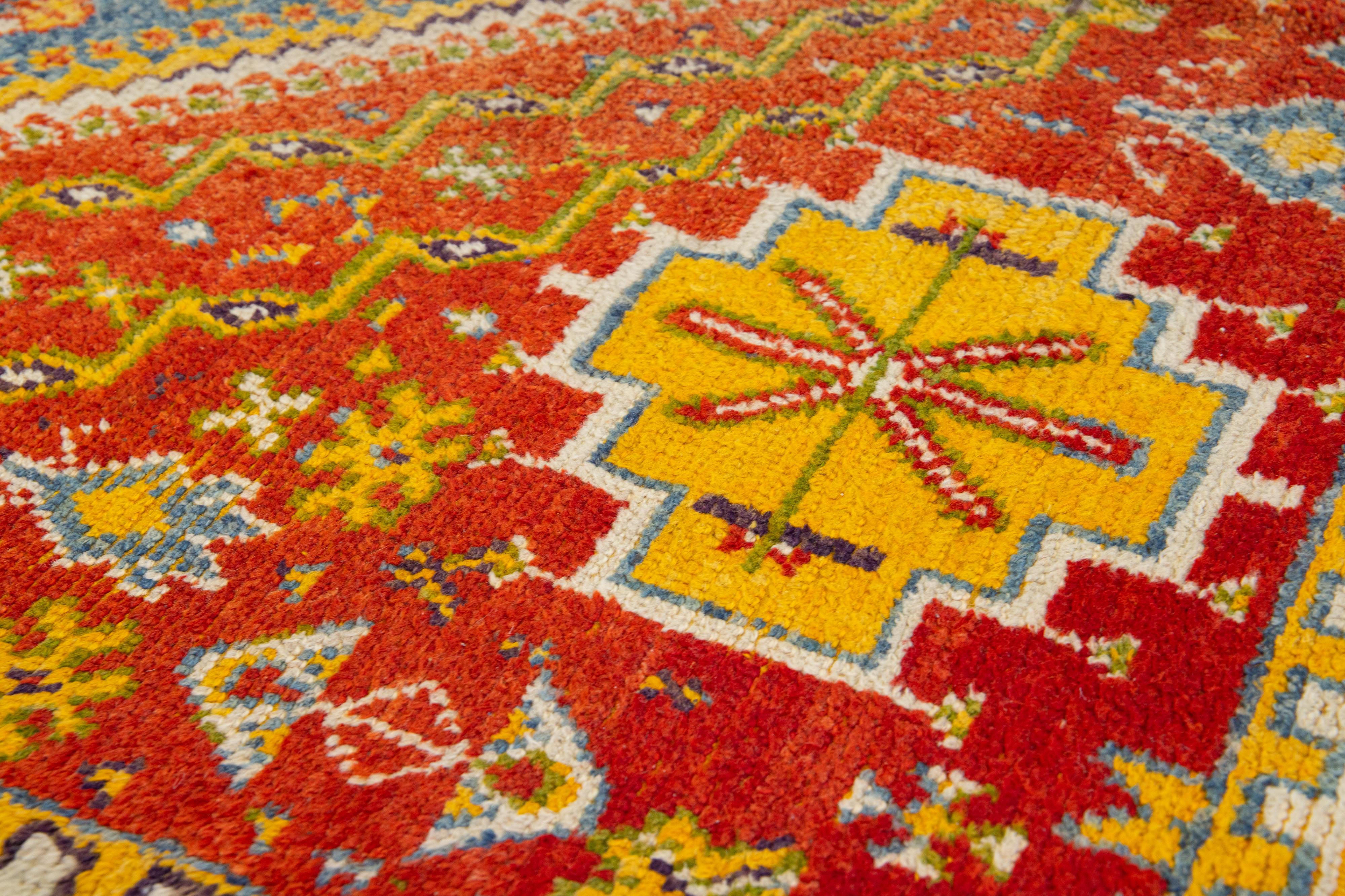 Antique Moroccan Handmade Orange Geometrical Wool Rug For Sale 2