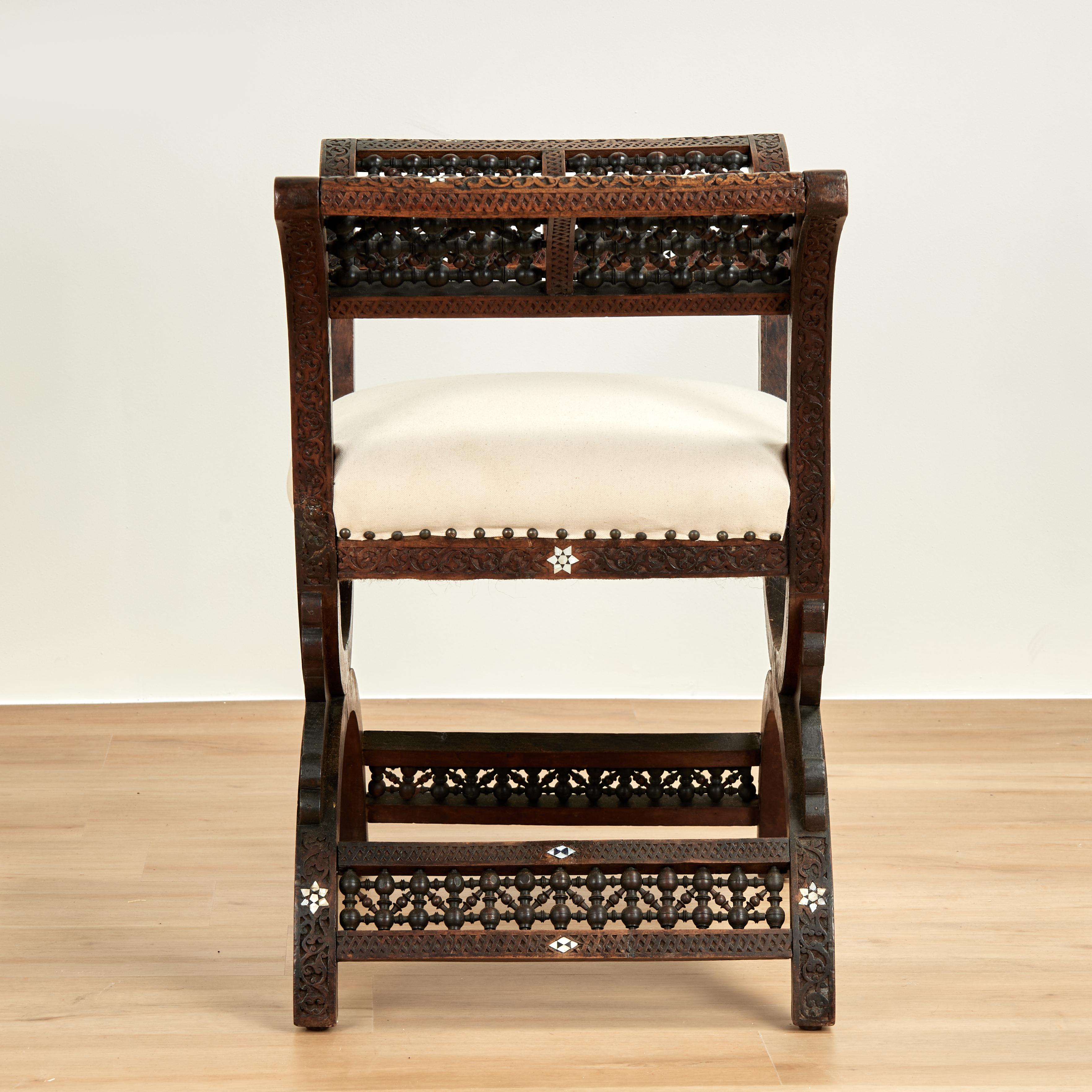Hand-Crafted Antique Moroccan Inlaid and Carved Bench For Sale