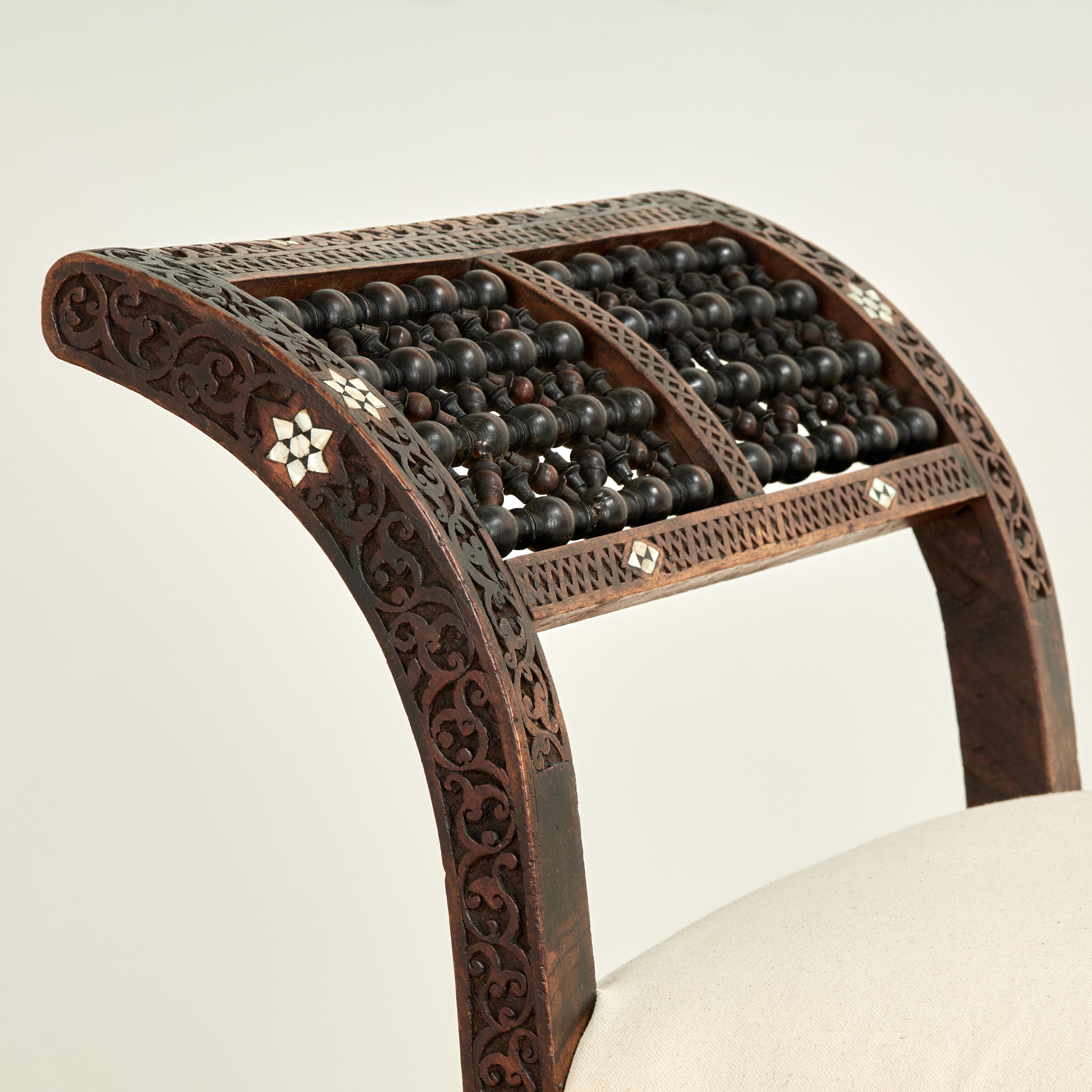 Mother-of-Pearl Antique Moroccan Inlaid and Carved Bench For Sale