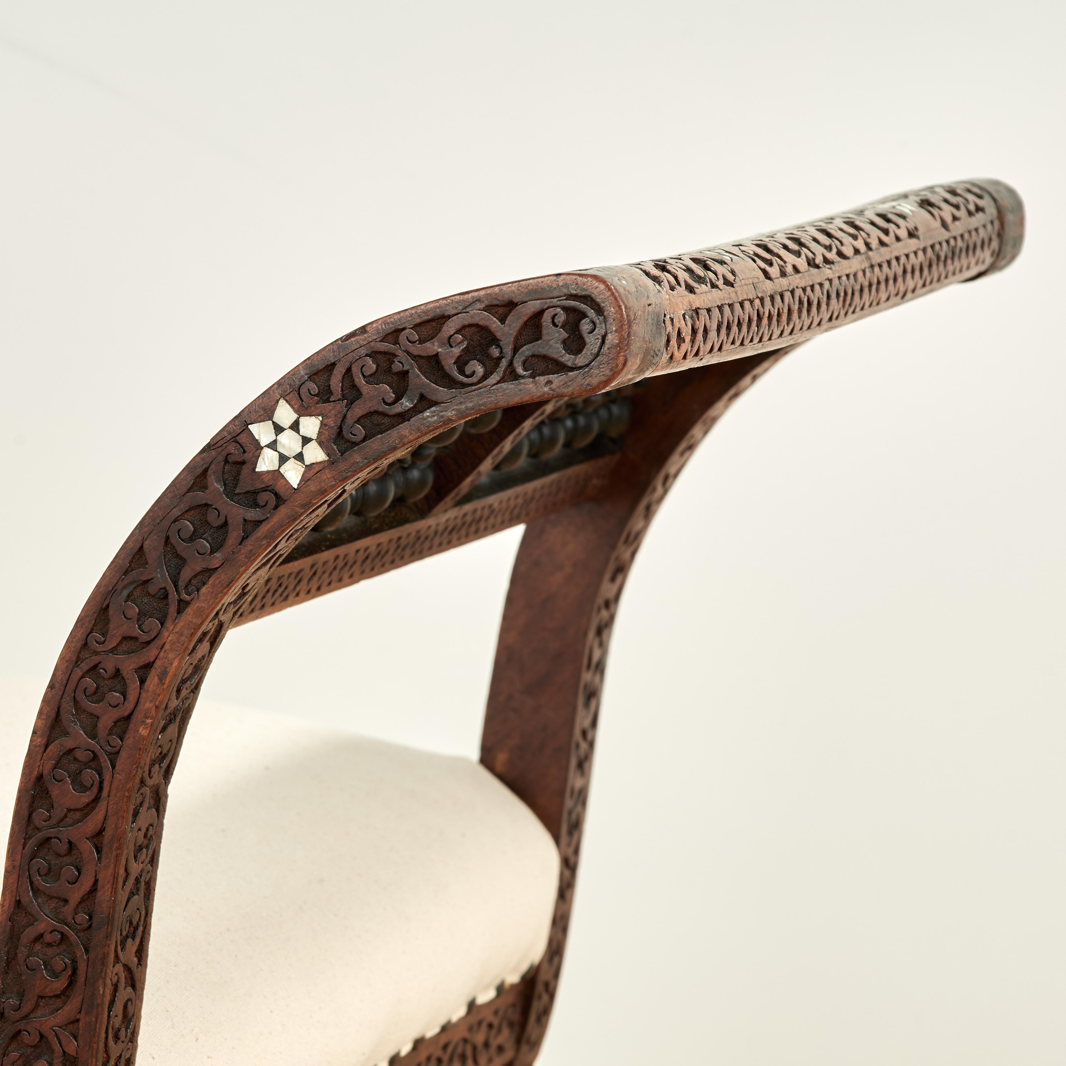 Antique Moroccan Inlaid and Carved Bench For Sale 1