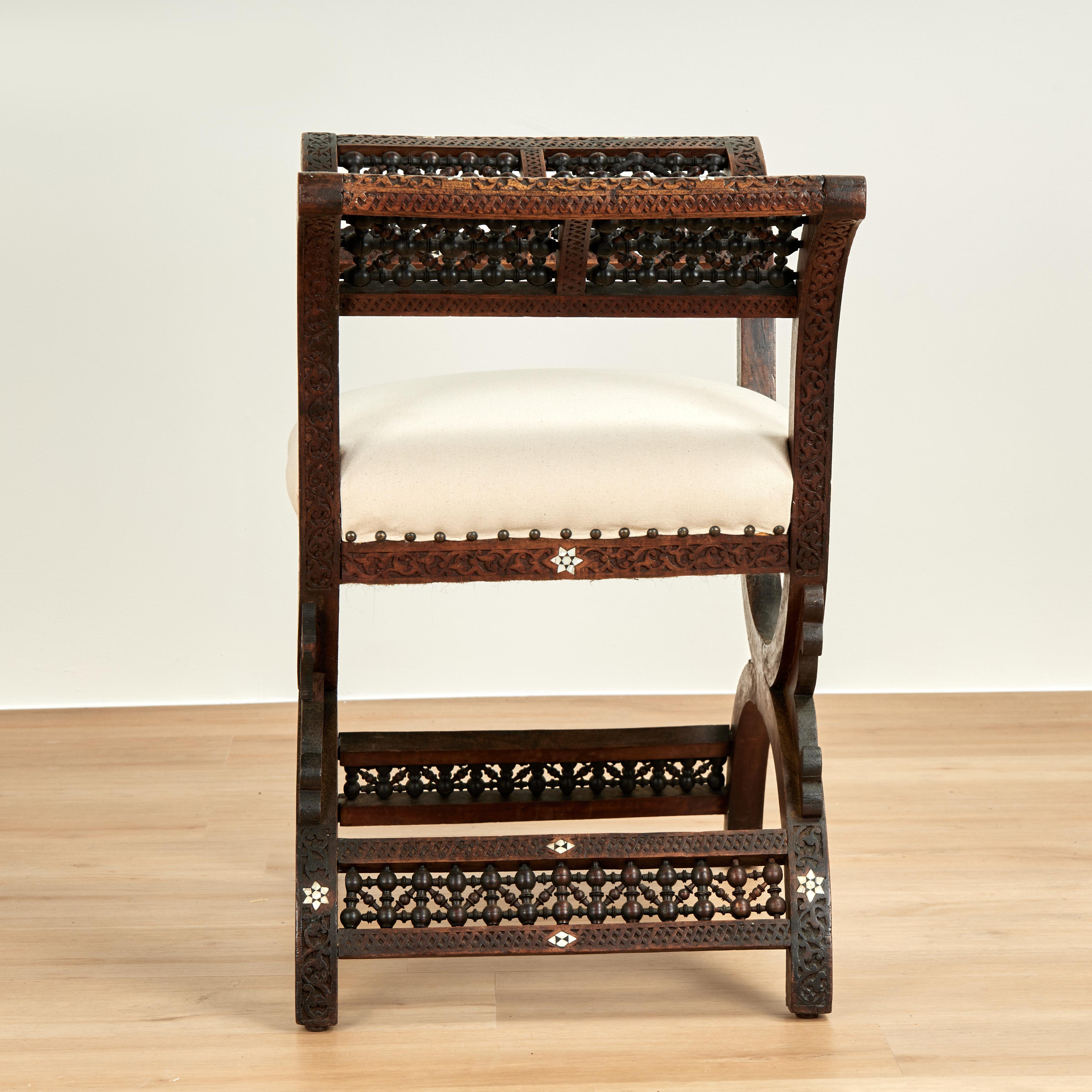 Antique Moroccan Inlaid and Carved Bench For Sale 2