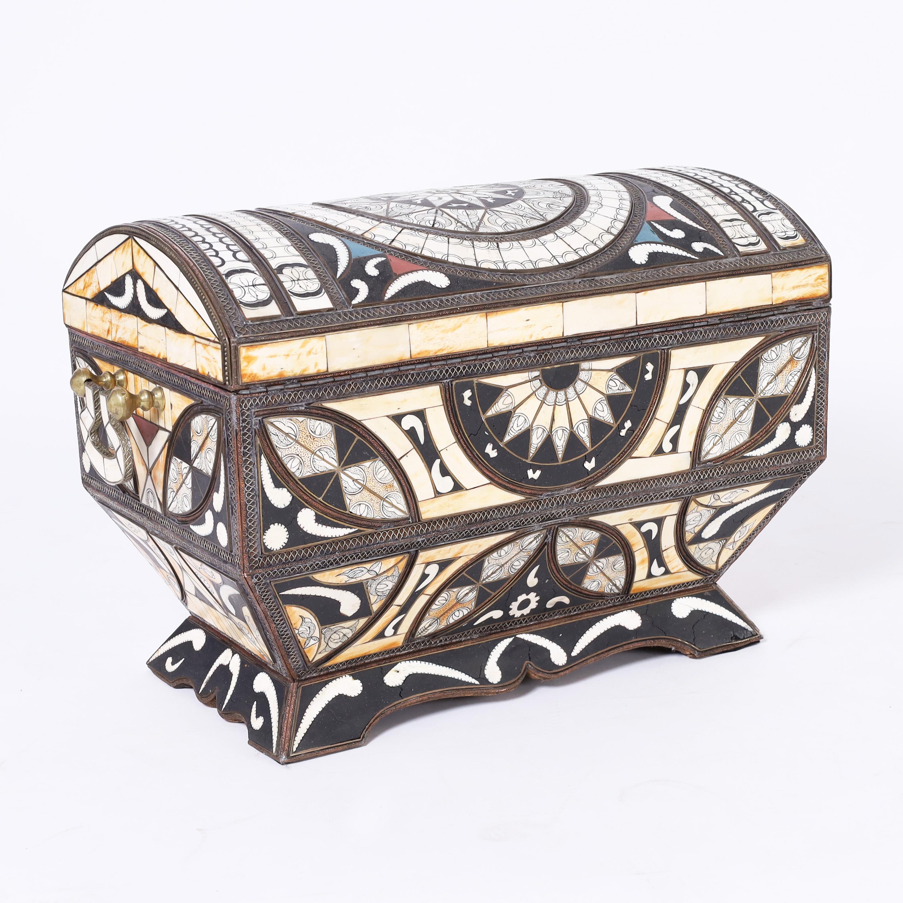 Moorish Antique Moroccan Inlaid Treasure Chest For Sale