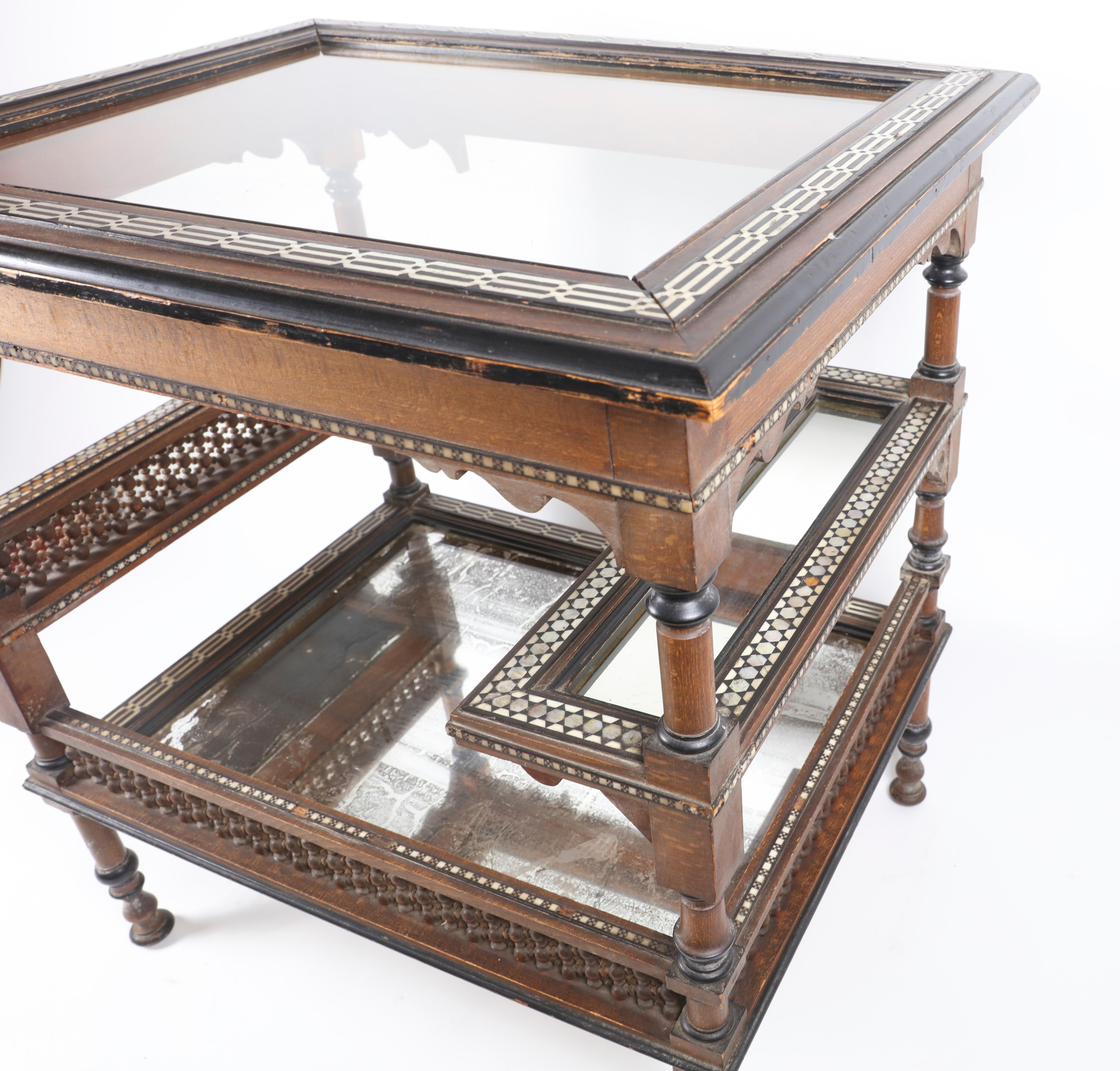 Mother-of-Pearl Antique Moroccan Inlaid Wood and Mirrored Bar Table