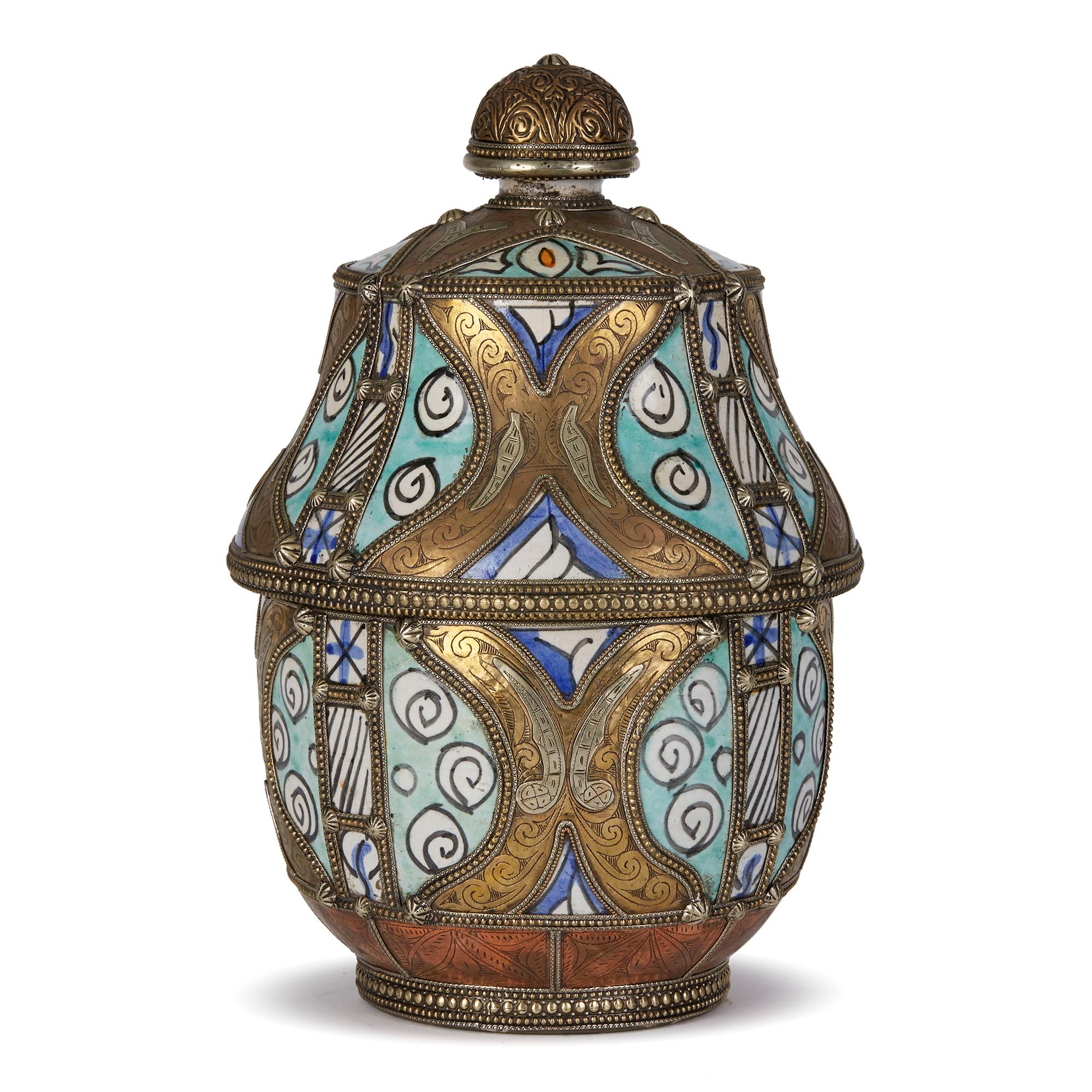 20th Century Antique Moroccan Jobbana Ceramic Lidded Butter Pot For Sale