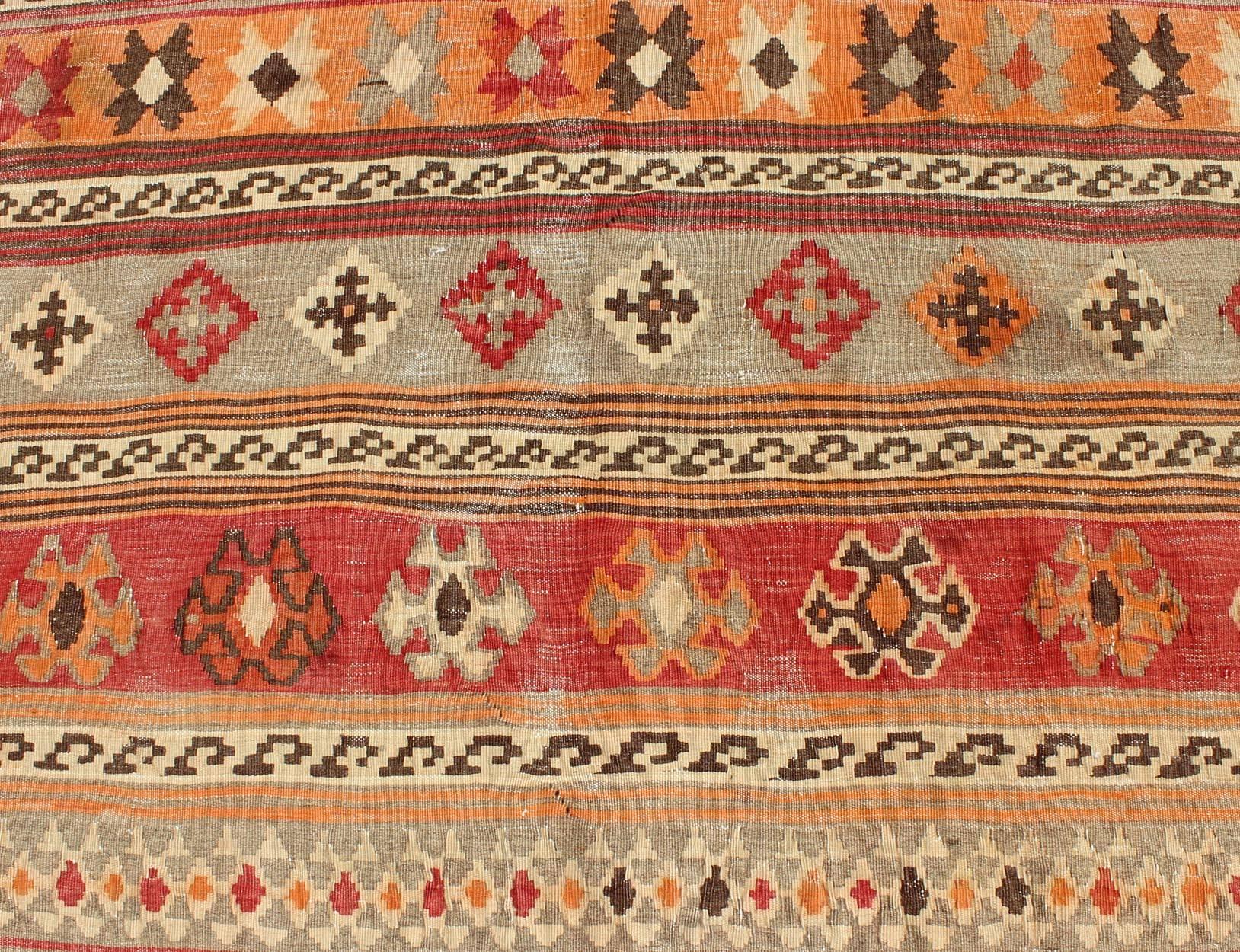 Antique Moroccan Kilim with Embroidery in Red, Orange, Gray and Brown For Sale 4