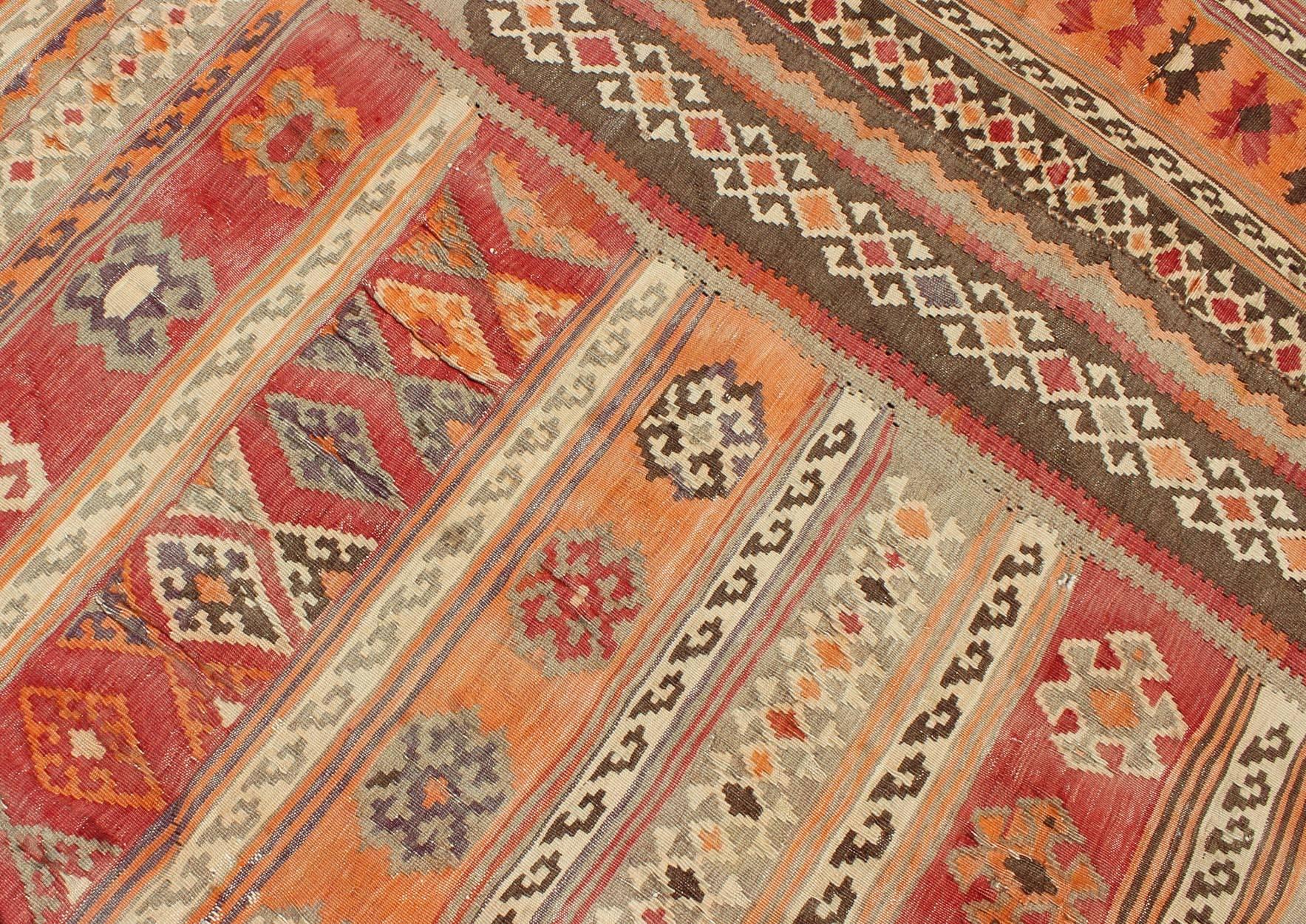 Antique Moroccan Kilim with Embroidery in Red, Orange, Gray and Brown For Sale 5