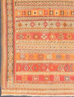 Antique Moroccan Kilim with Embroidery in Red, Orange, Gray and Brown