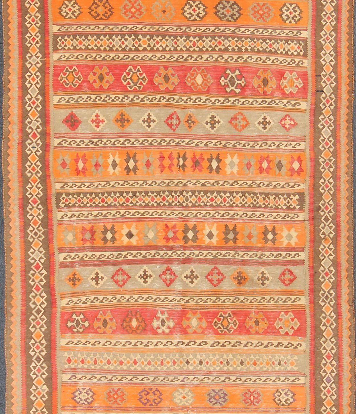 Hand-Woven Antique Moroccan Kilim with Embroidery in Red, Orange, Gray and Brown For Sale