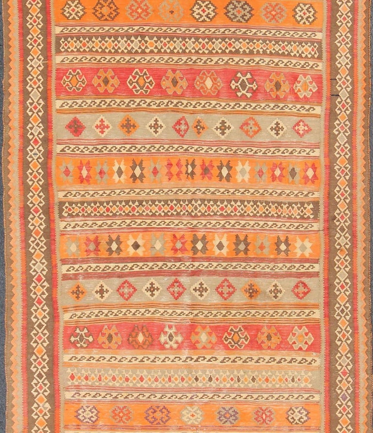 Antique Moroccan Kilim with Embroidery in Red, Orange, Gray and Brown For Sale at 1stDibs