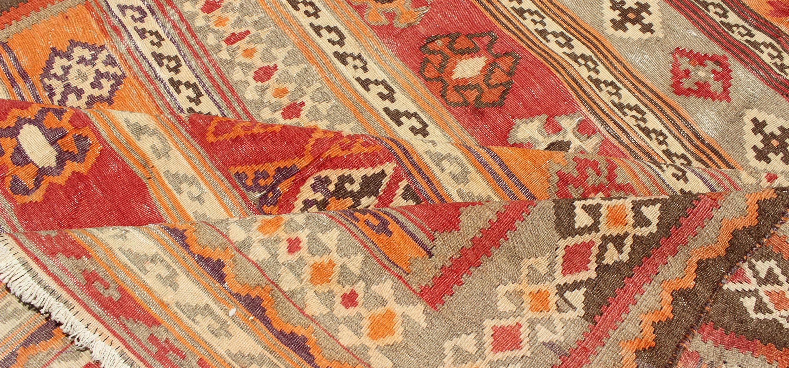 20th Century Antique Moroccan Kilim with Embroidery in Red, Orange, Gray and Brown For Sale