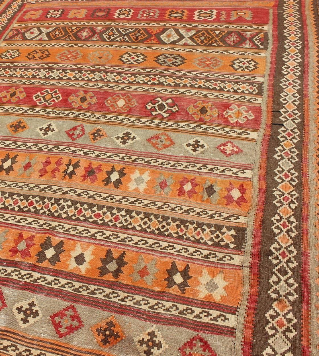 Wool Antique Moroccan Kilim with Embroidery in Red, Orange, Gray and Brown For Sale