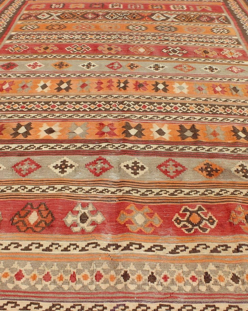 Antique Moroccan Kilim with Embroidery in Red, Orange, Gray and Brown For Sale 1