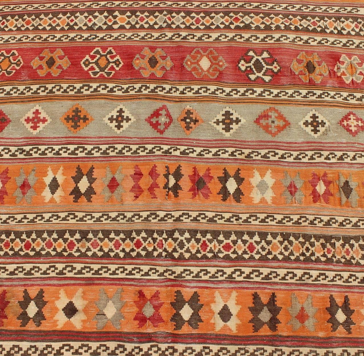 Antique Moroccan Kilim with Embroidery in Red, Orange, Gray and Brown For Sale 2