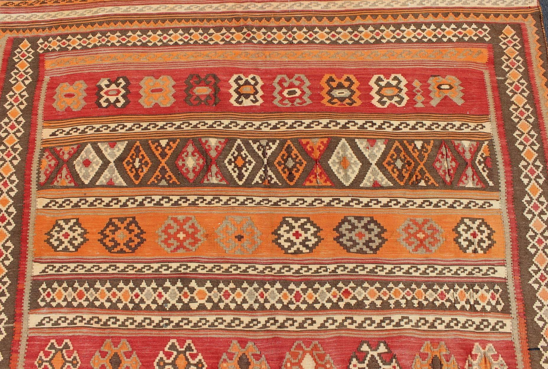 Antique Moroccan Kilim with Embroidery in Red, Orange, Gray and Brown For Sale 3