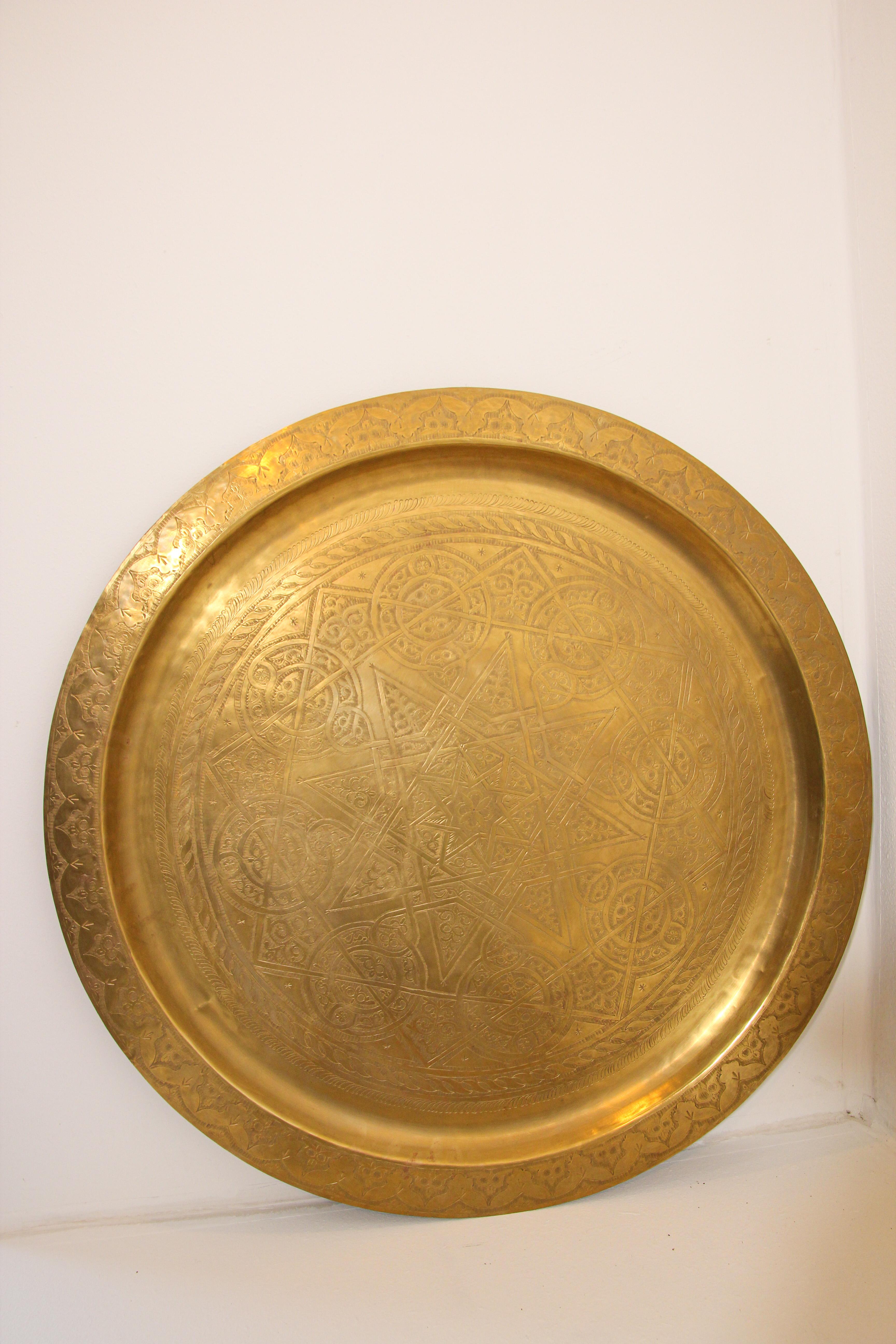 1940's Antique Moroccan Large Polished Round Brass Tray Platter 36 in. D. 3