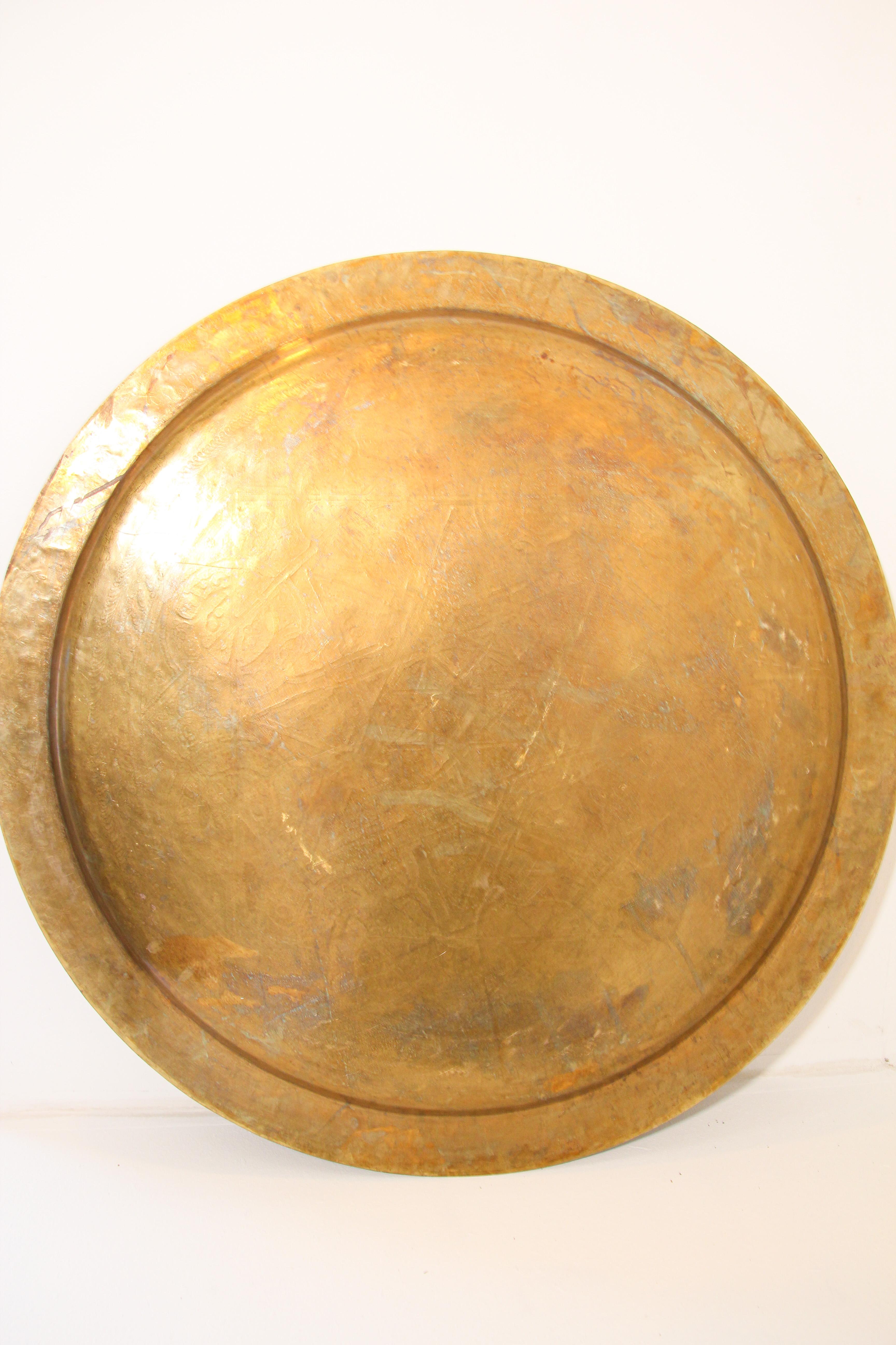 1940's Antique Moroccan Large Polished Round Brass Tray Platter 36 in. D. 5