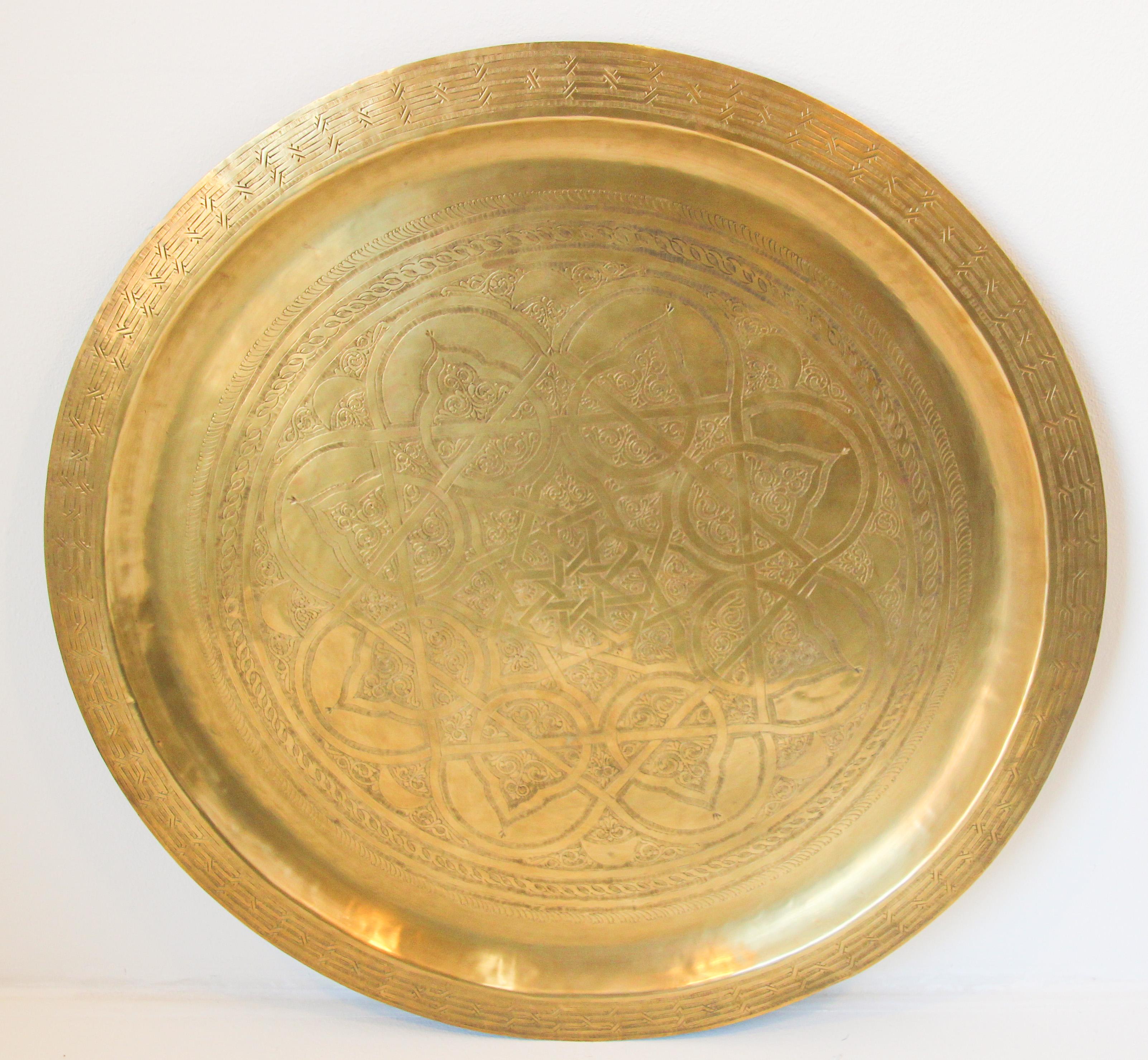 1940's Antique Moroccan Large Polished Round Brass Tray Platter 36 in. D. 6