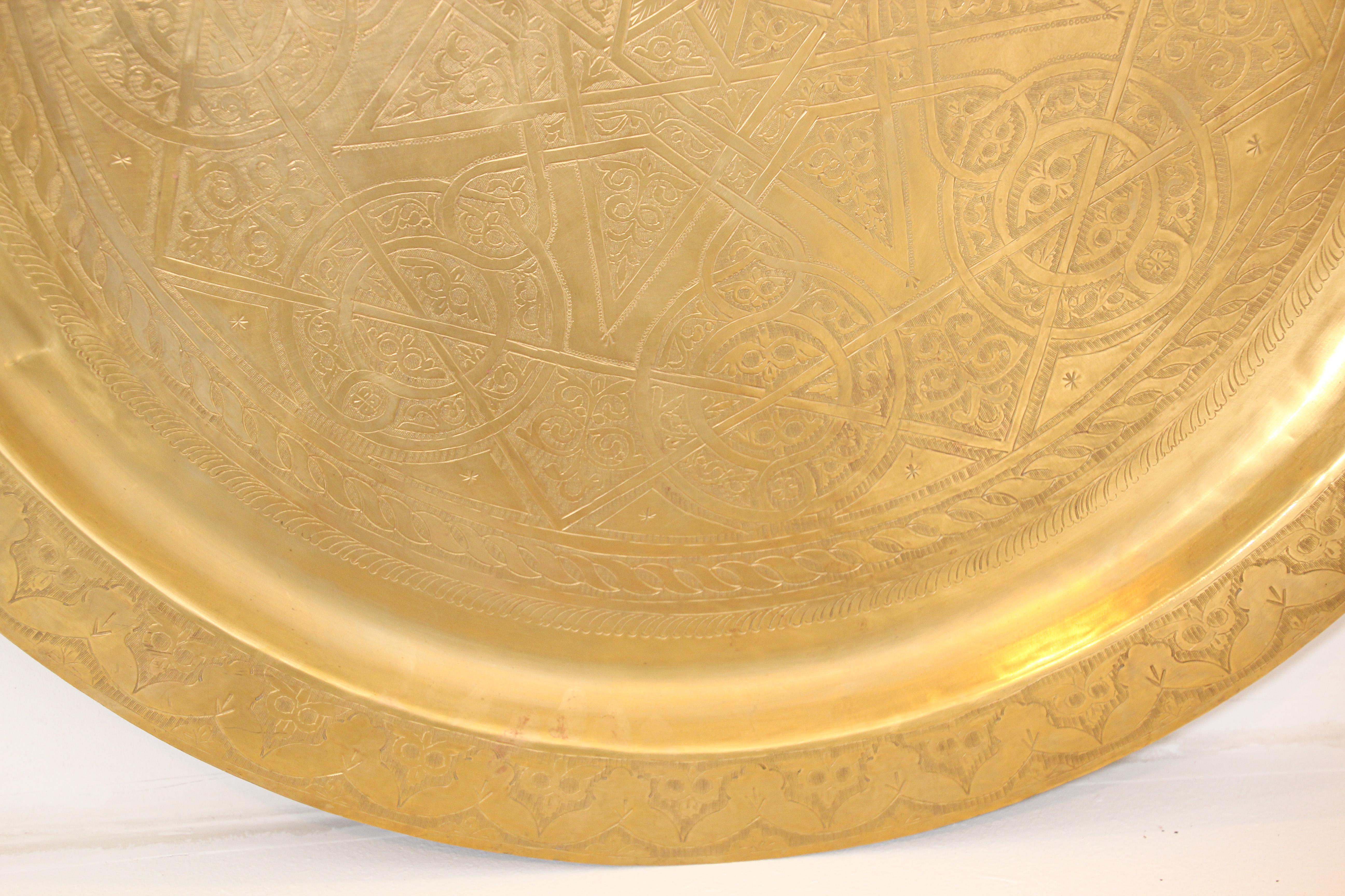 19th Century 1940's Antique Moroccan Large Polished Round Brass Tray Platter 36 in. D.