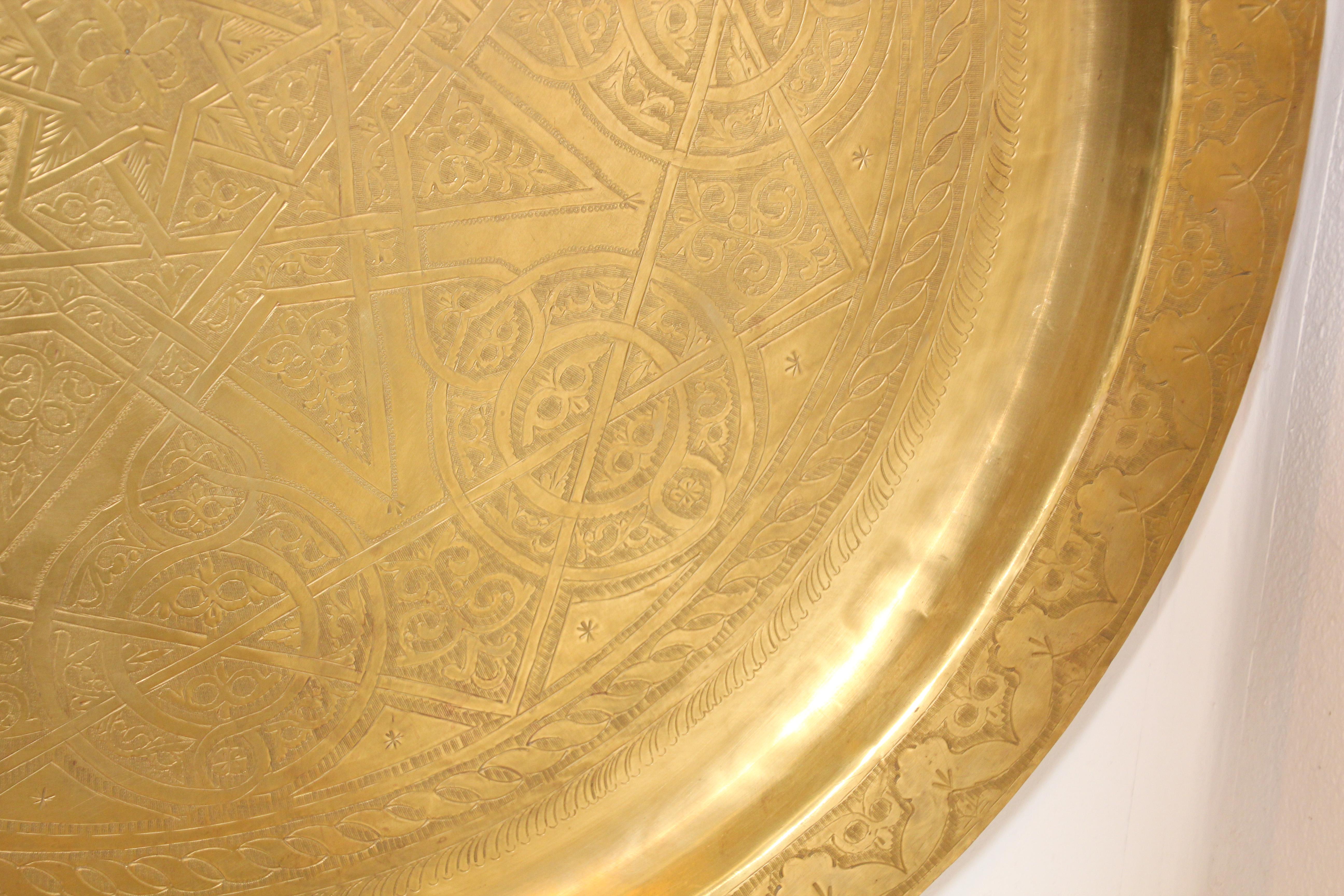 1940's Antique Moroccan Large Polished Round Brass Tray Platter 36 in. D. 2