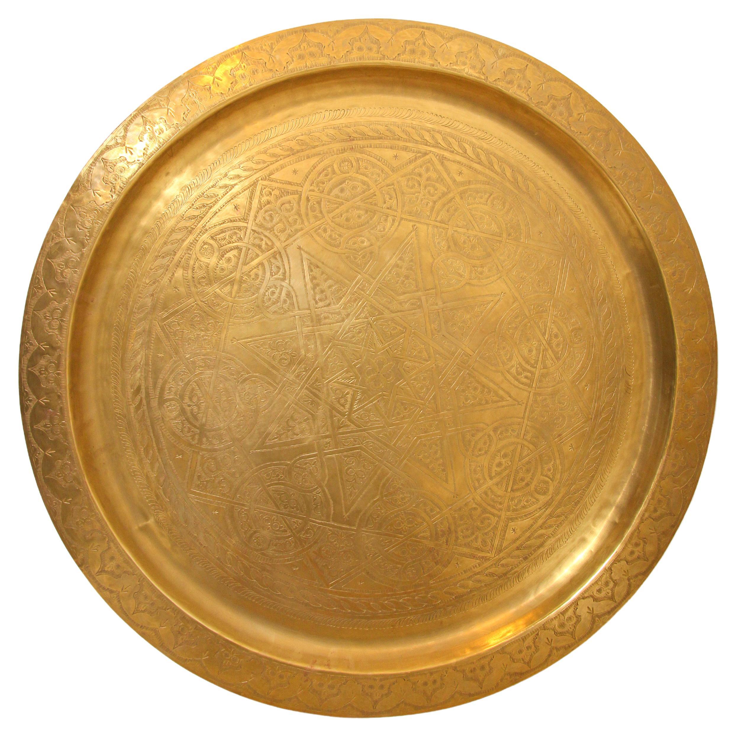 1940's Antique Moroccan Large Polished Round Brass Tray Platter 36 in. D.