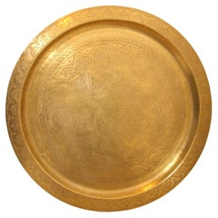 Antique Moroccan Large Polished Round Brass Tray Platter