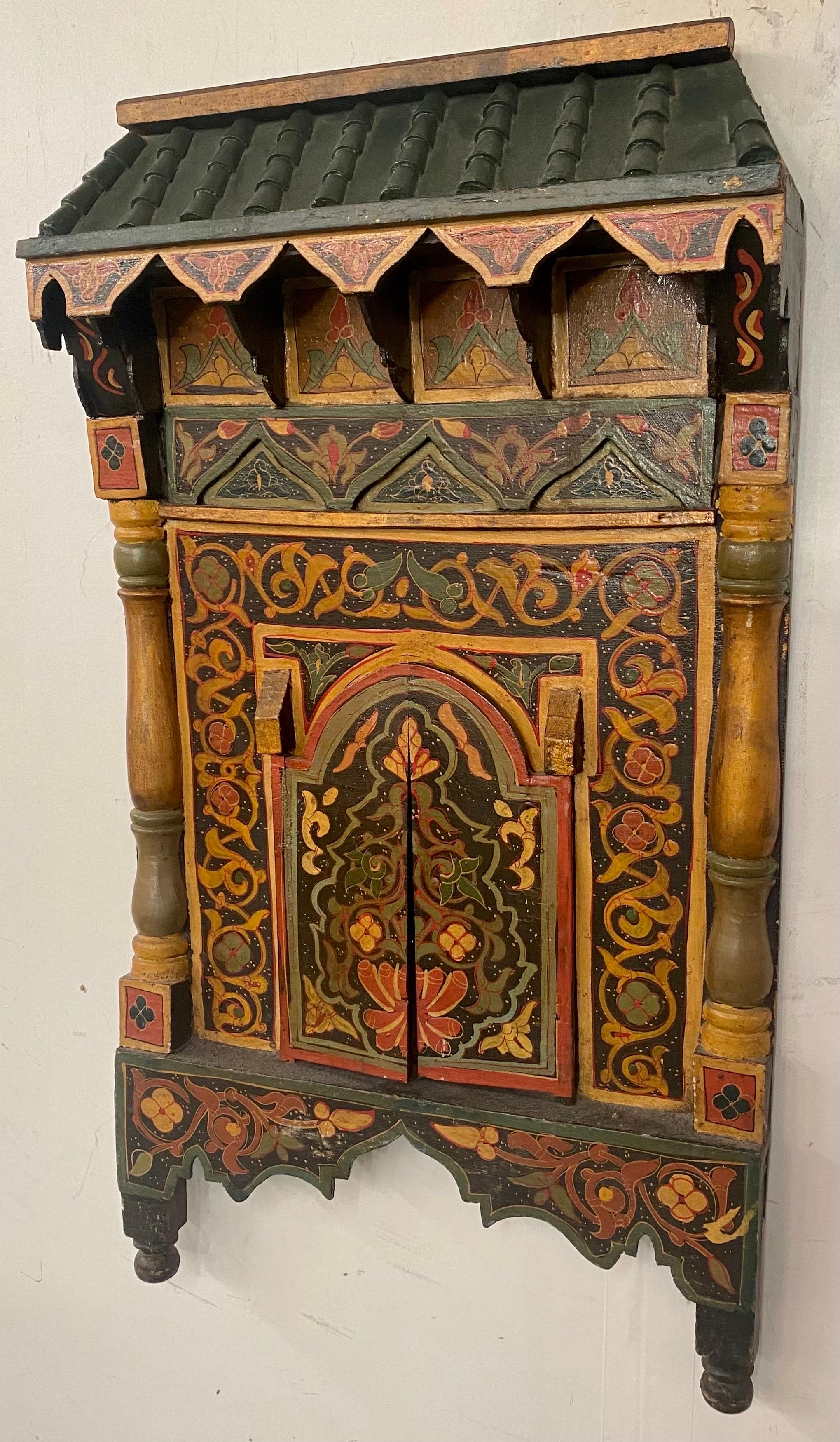 Hand-Carved Antique Moroccan Moorish Hand painted Wall Door Sculpture or Mirror Frame For Sale